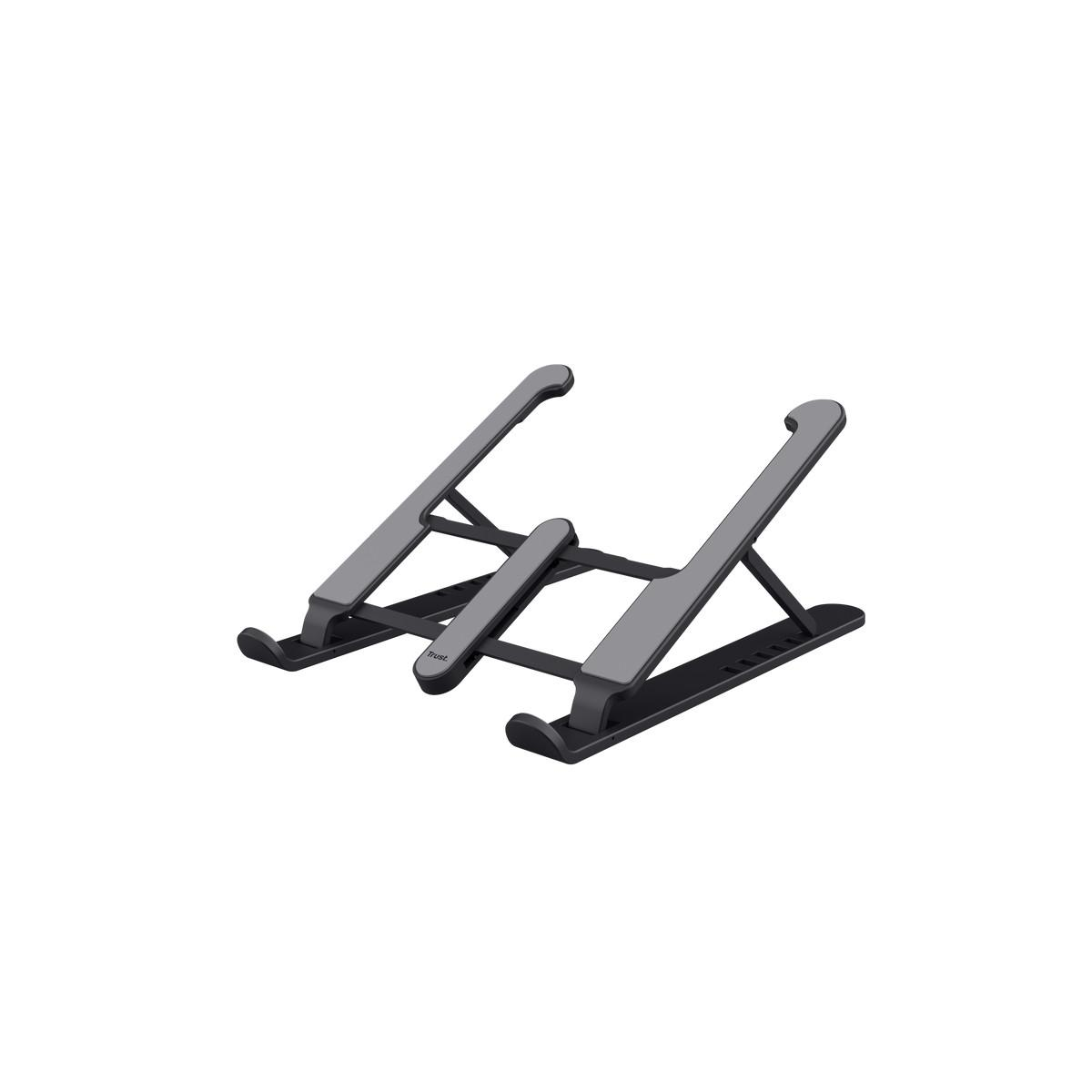 Un supporto portatile e regolabile per laptop in metallo grigio e nero.