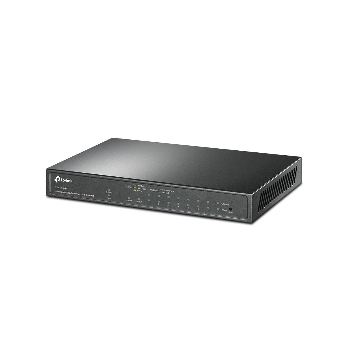 Ein schwarzer TP-Link 10-Port Gigabit Smart Switch mit PoE+ Anschlüssen.
