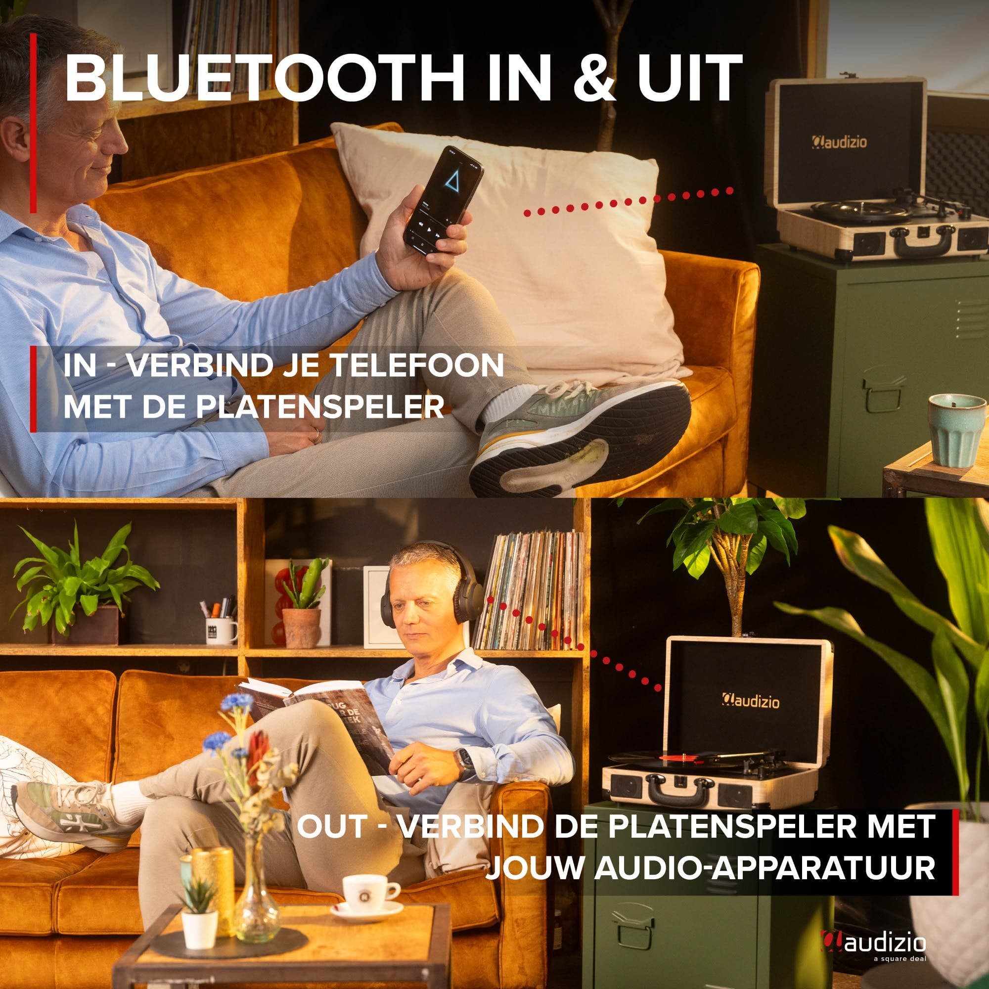 Split image: Top shows phone connected to record player. Bottom shows headphones & book.