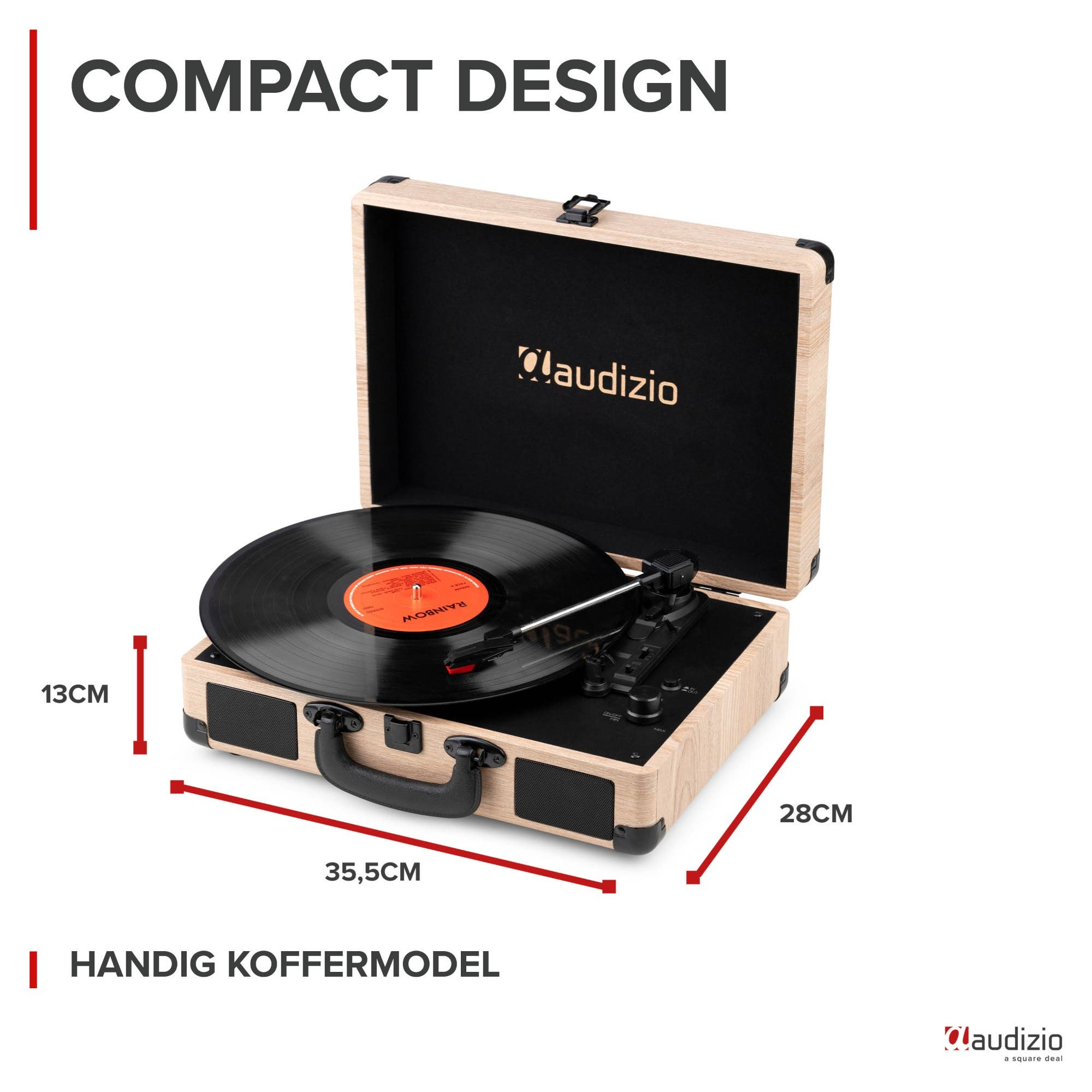 A wooden suitcase record player with vinyl, measuring 13x35.5x28cm.