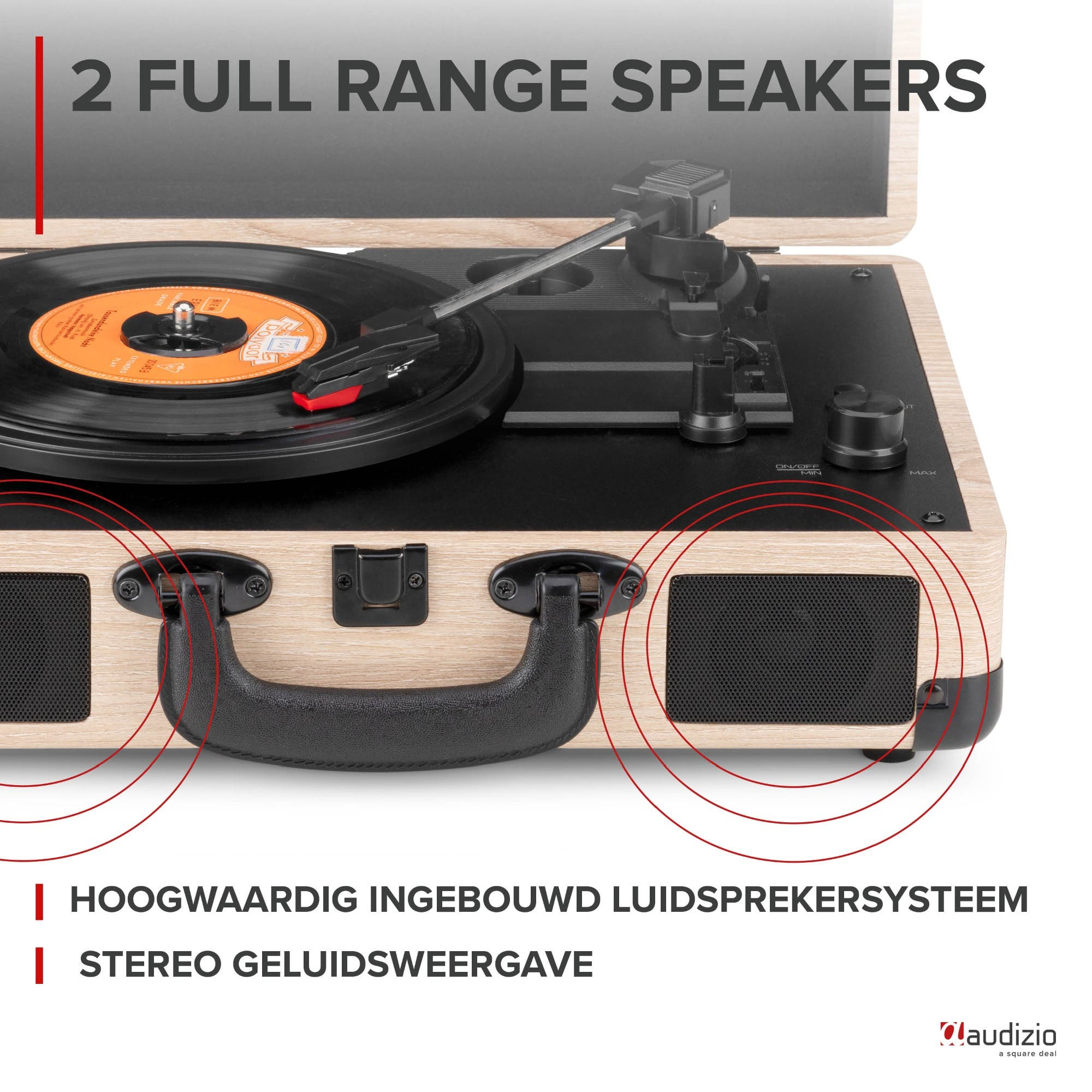 A wood-finish record player with black speakers and a vinyl record playing.