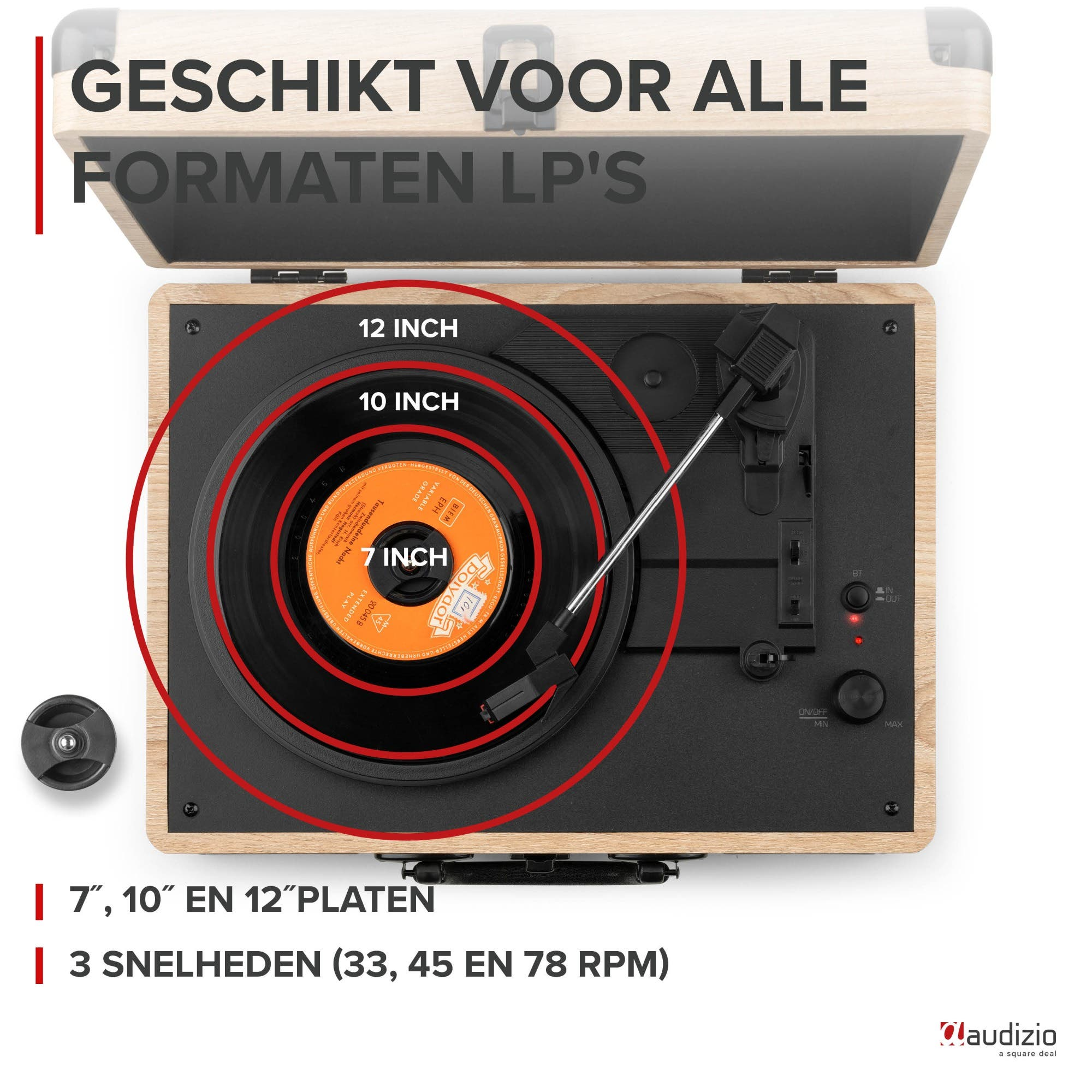 Turntable with 7, 10, 12 inch records and 3 speeds.