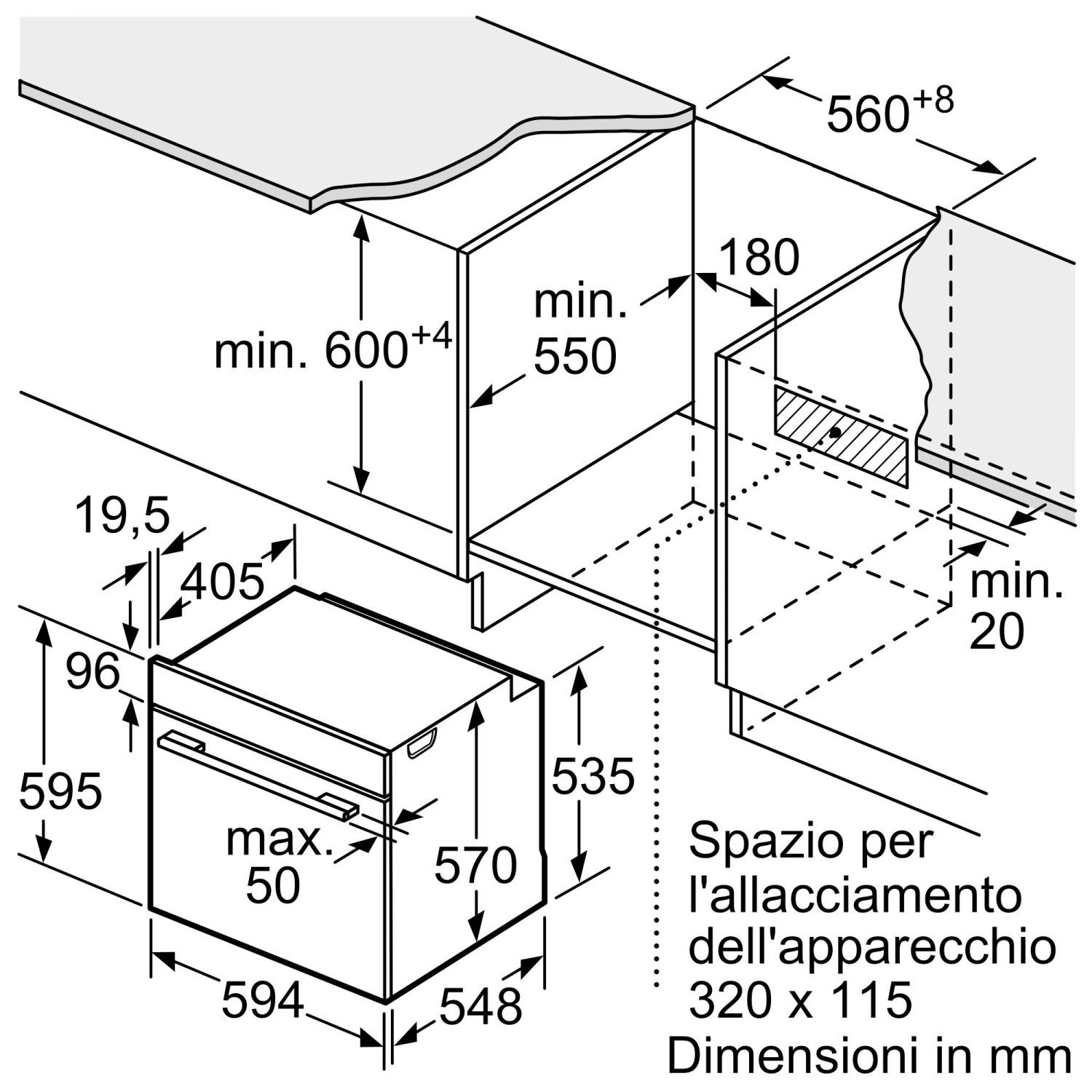 Schema che mostra le dimensioni di installazione di un forno in mm. Altezza min. 600.