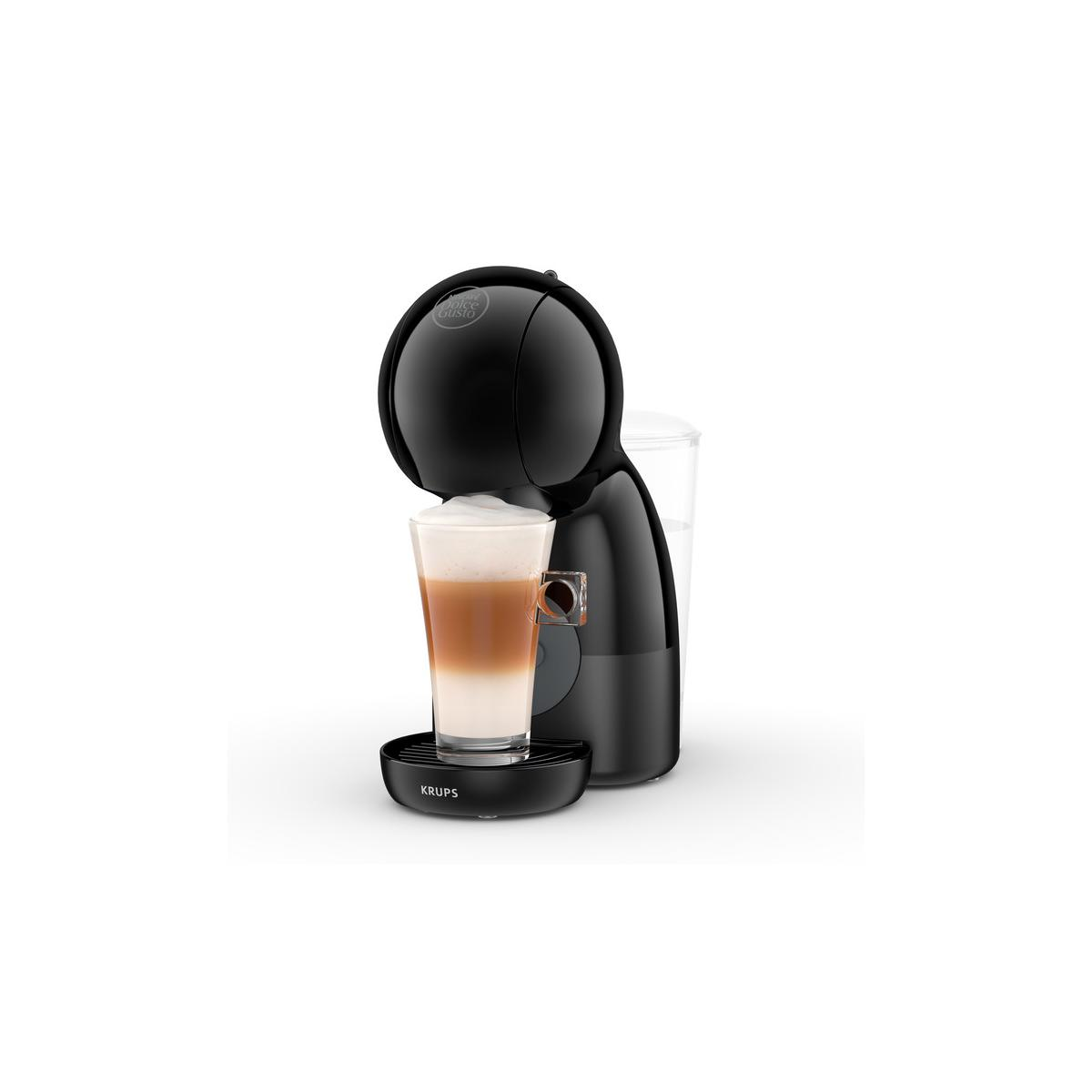 Macchina da caffè Krups nera con un bicchiere di caffè stratificato e schiuma.