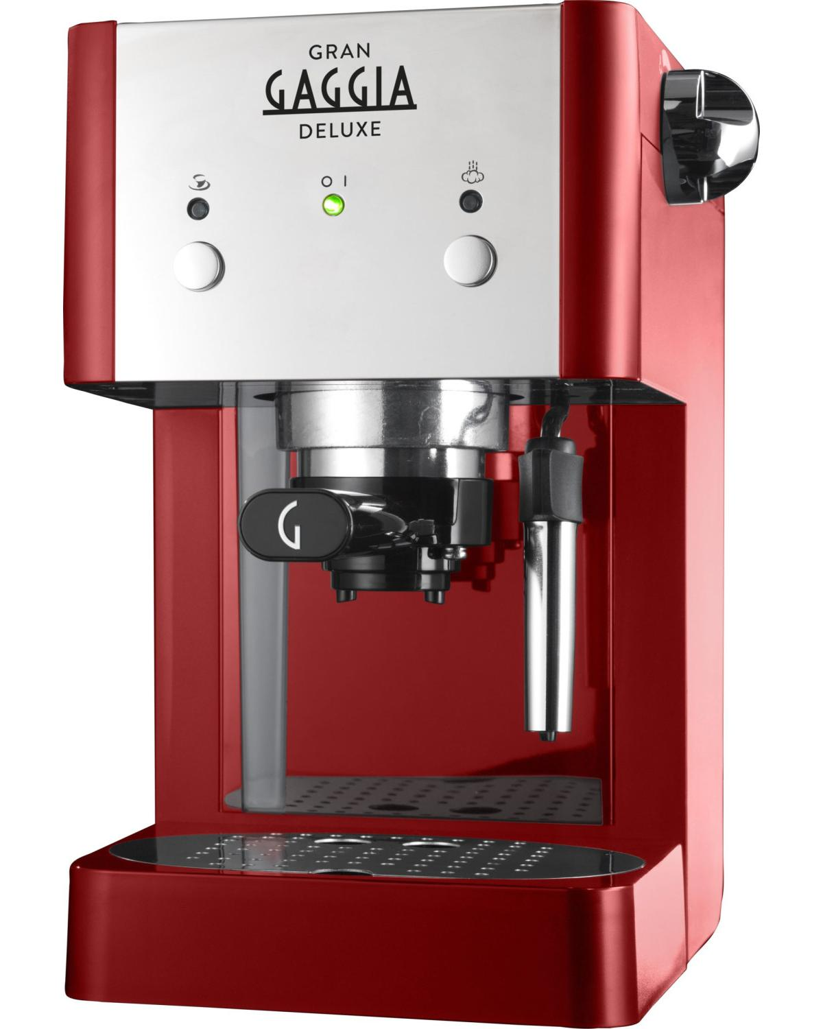 Máquina de espresso roja Gran Gaggia Deluxe con detalles plateados y botones de control.