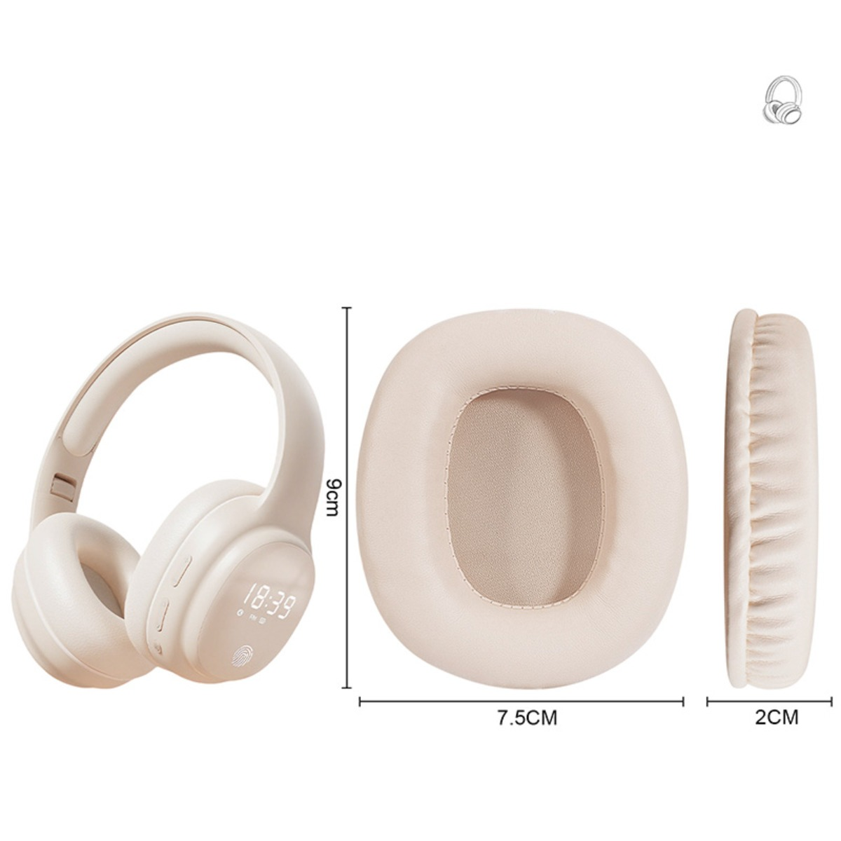 Beige Kopfhörer mit digitaler Anzeige und Ohrpolster-Maßen.