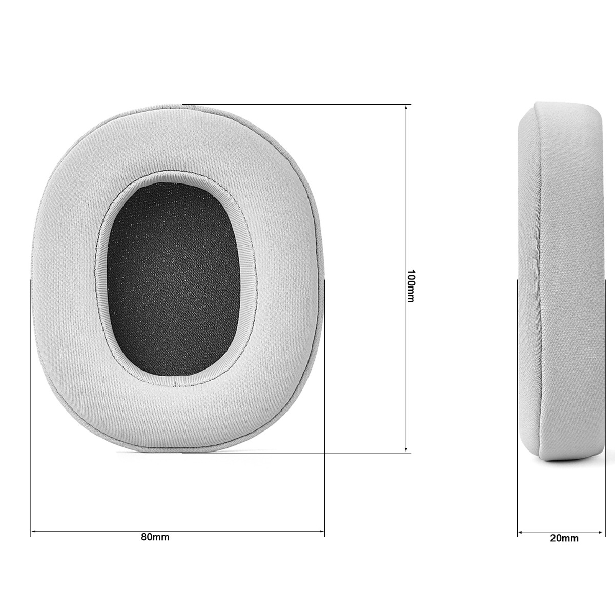 Grauer Ohrpolster, 80mm x 100mm x 20mm, mit schwarzem Mittelteil.