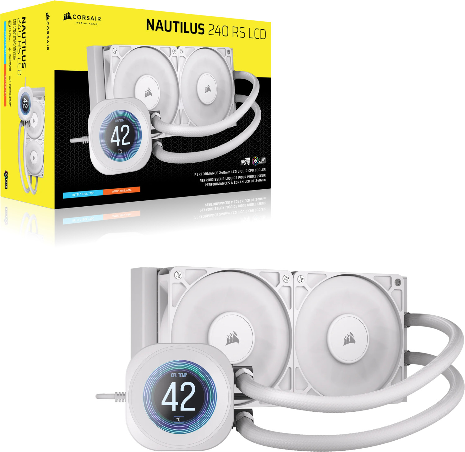Witte Corsair vloeistof CPU-koeler met dubbele ventilatoren en LCD-scherm.