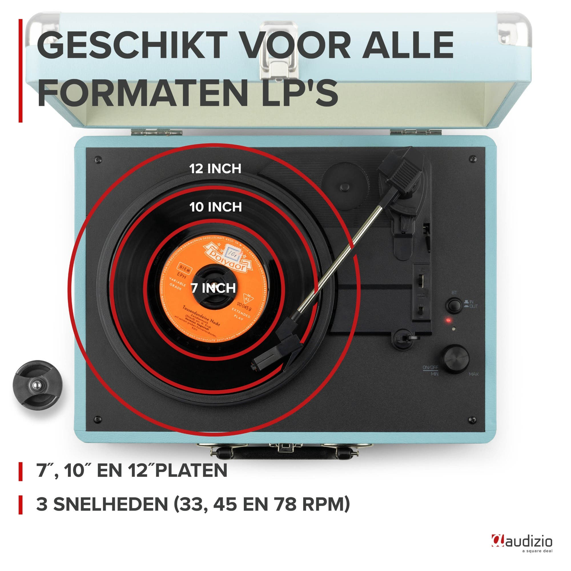 Un tocadiscos azul claro con un disco de vinilo. Etiquetado: 'Discos de 7, 10 y 12 pulgadas'