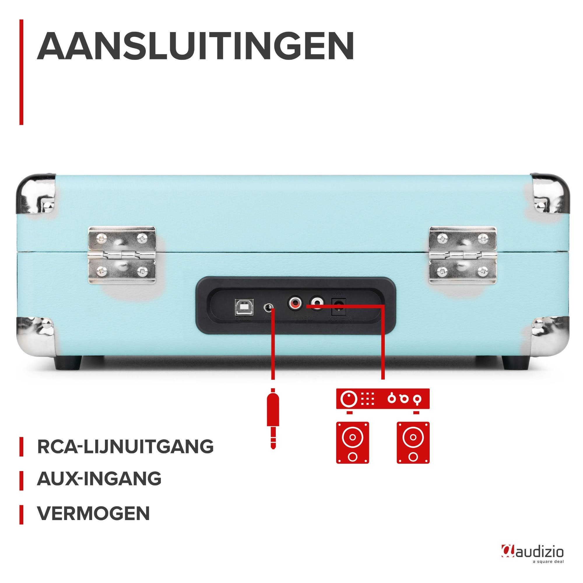 Un dispositivo azul claro con puertos: USB, AUX, RCA y alimentación. Cables rojos lo conectan a altavoces.