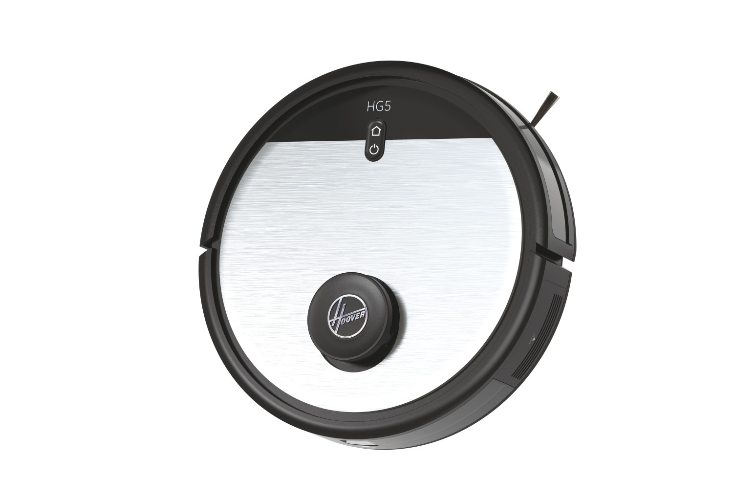 Un robot aspirador negro redondo con parte superior plateada y logo Hoover.