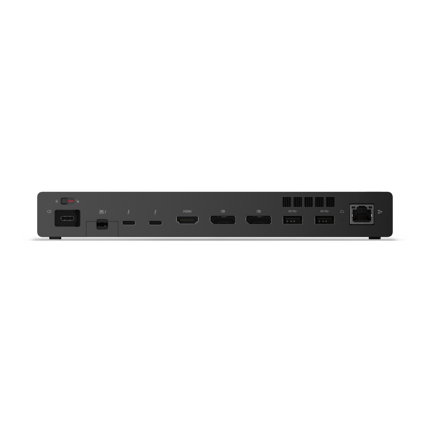 Rückseite eines schwarzen Dockingstations mit Anschlüssen wie USB-C, HDMI und Ethernet.