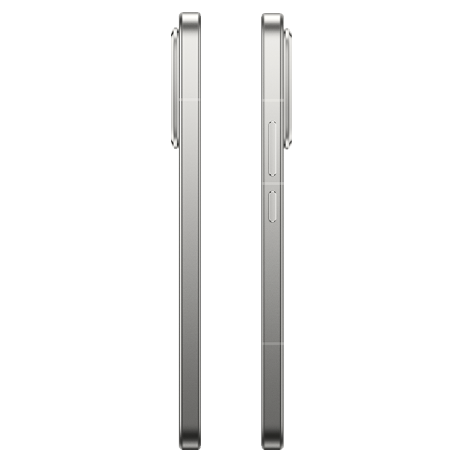 Zwei silberne Smartphones nebeneinander, Seitenansicht, weiße Hintergrund.