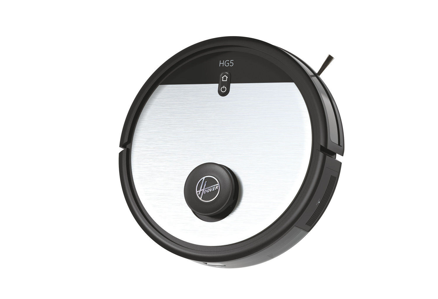 A black and silver Hoover robot vacuum cleaner with a circular design and a single brush.