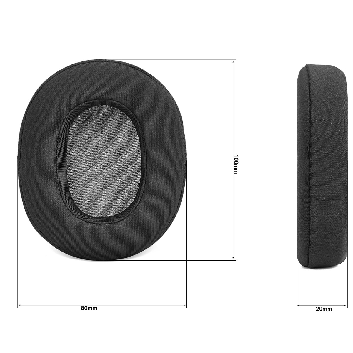 Schwarze Kopfhörer-Ohrpolster, 80mm breit, 20mm dick, von vorne und Seite gezeigt.