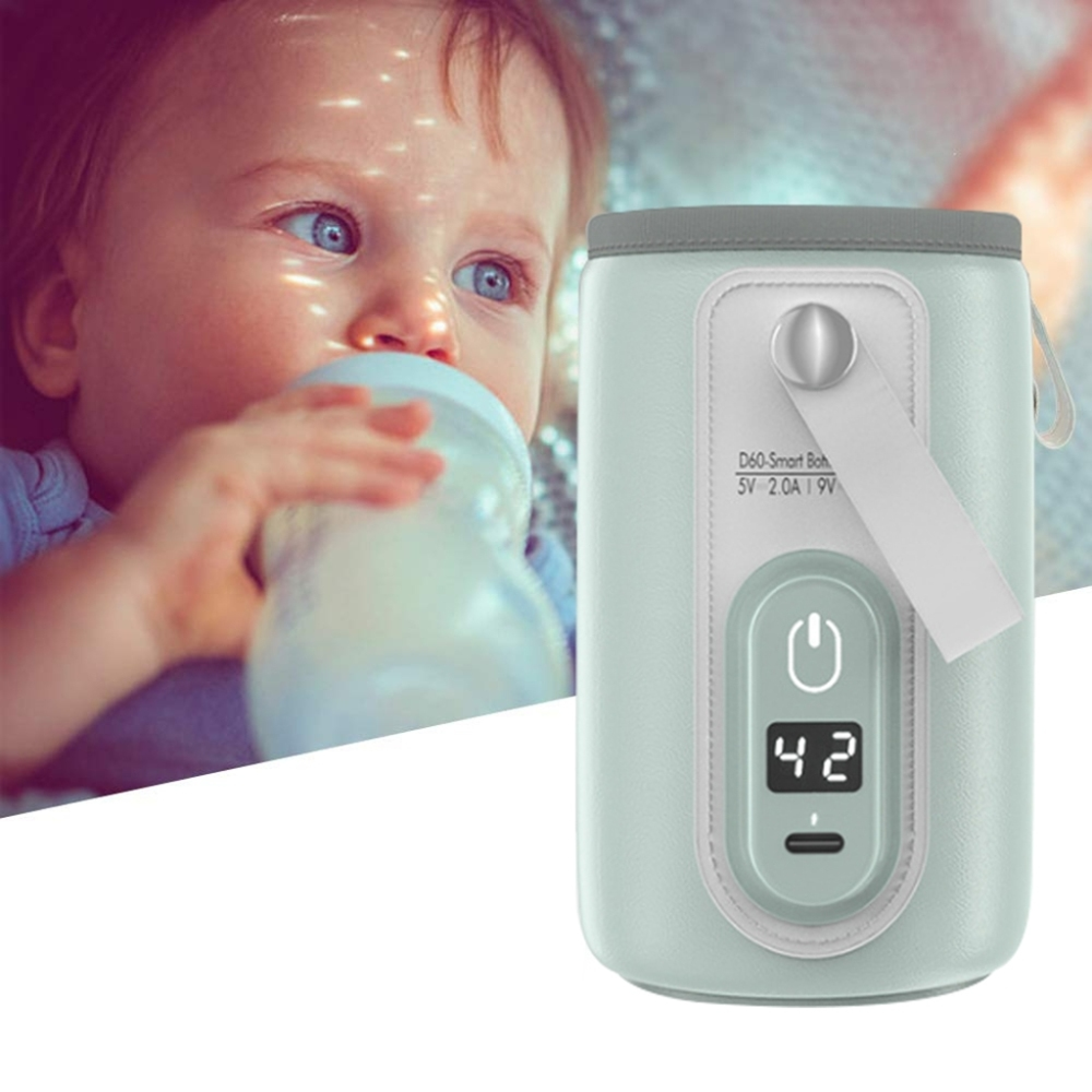 Ein Baby trinkt aus einer Flasche neben einem hellgrünen Flaschenwärmer mit digitaler Anzeige.