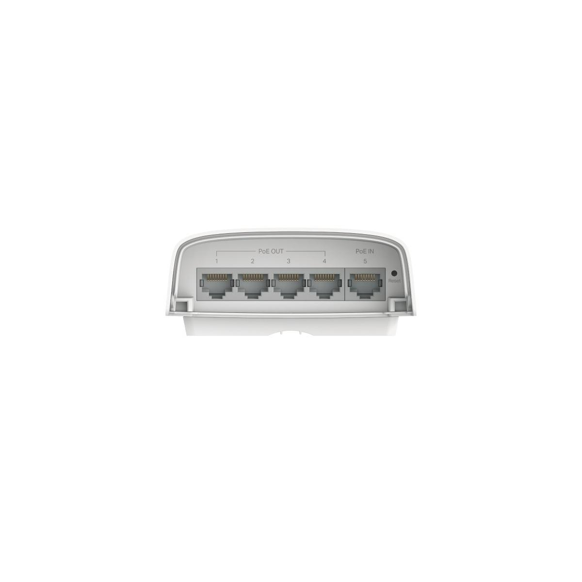 Ein weißes Netzwerkgerät mit fünf Ethernet-Anschlüssen und einer Reset-Taste.