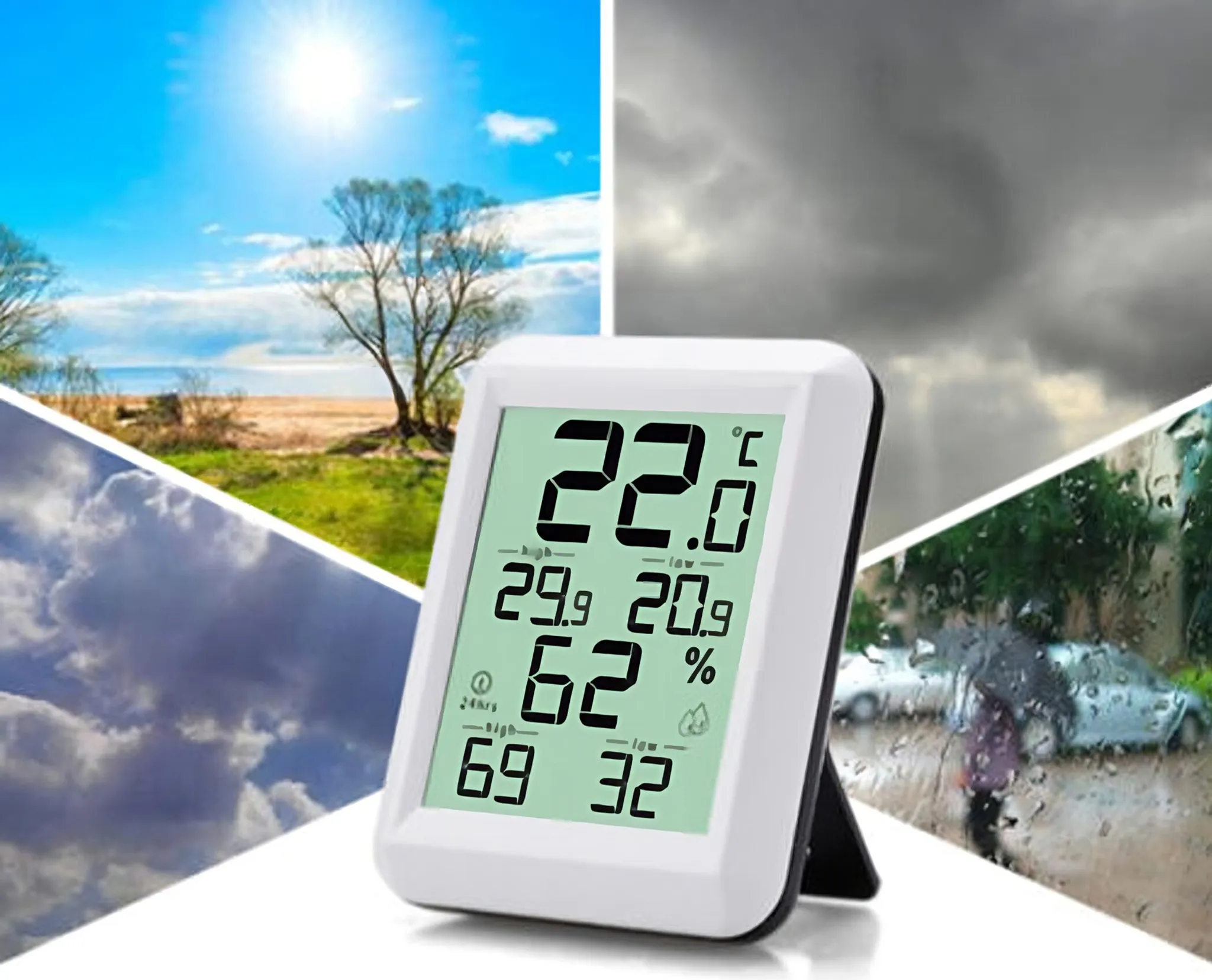 Ein Thermometer zeigt Wetterdaten, umgeben von Szenen mit Sonne, Regen und Wolken.
