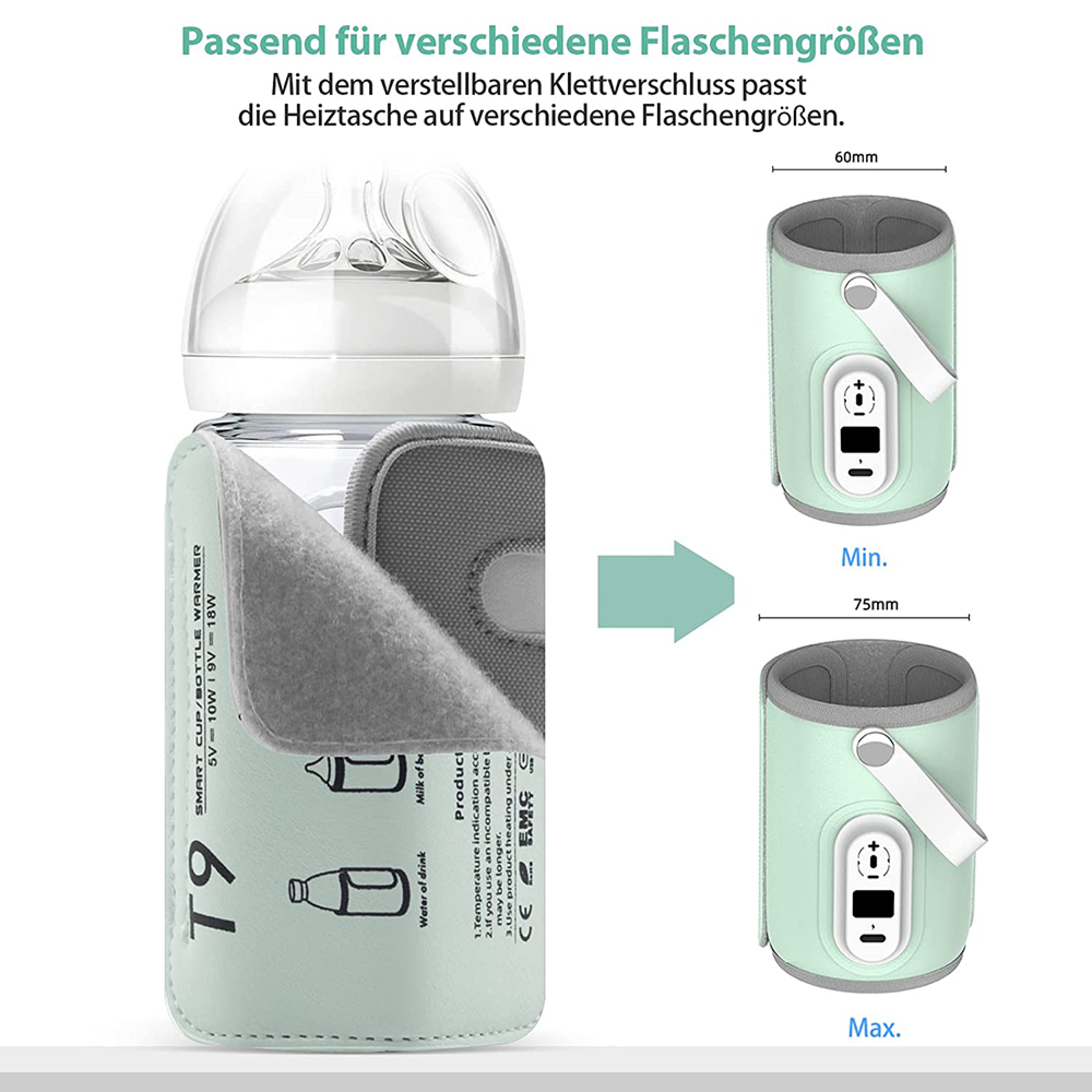 Ein Babyflaschenwärmer in Mintgrün, passt für verschiedene Flaschengrößen.