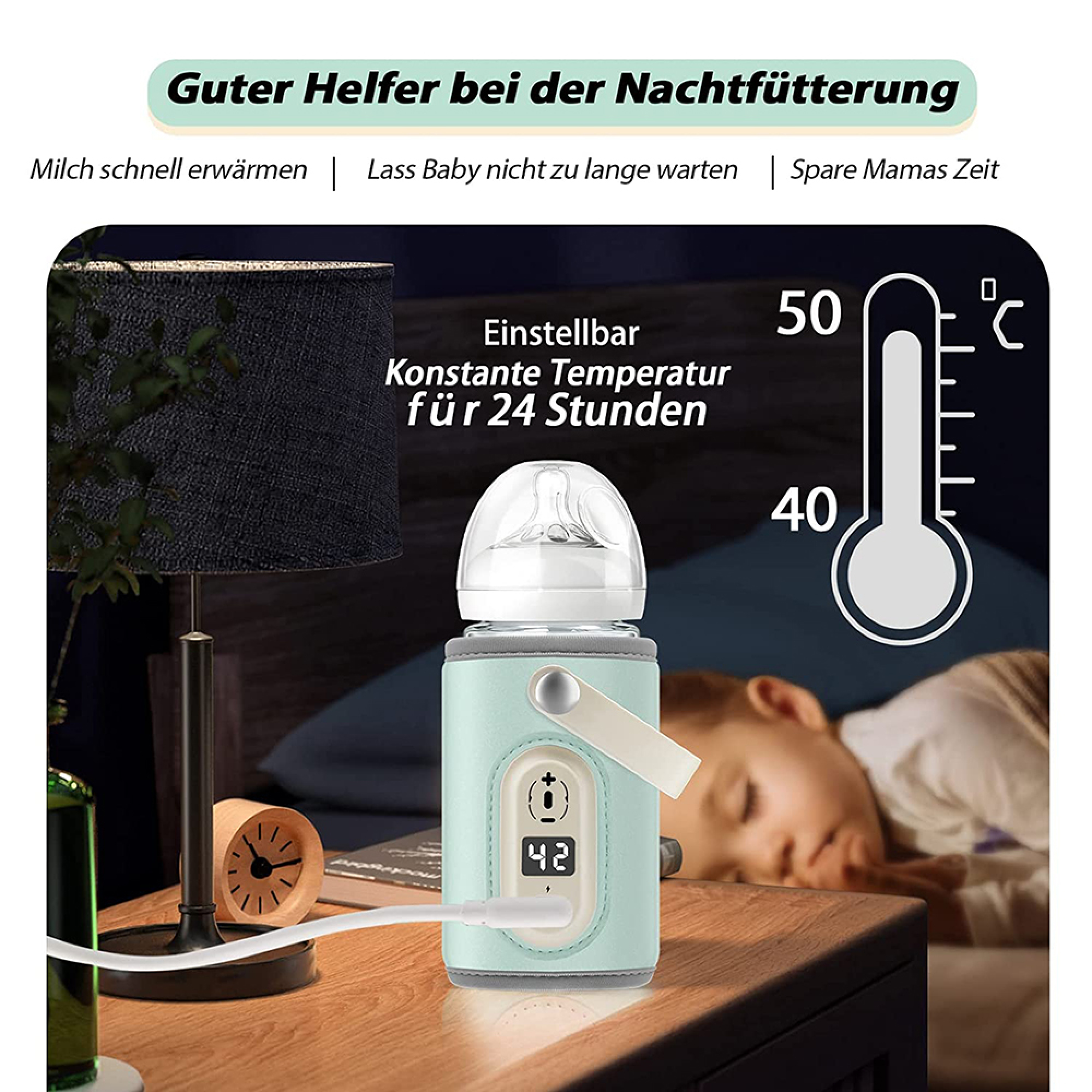 Ein Babyflaschenwärmer mit digitaler Anzeige steht auf einem Nachttisch neben einem schlafenden Baby.
