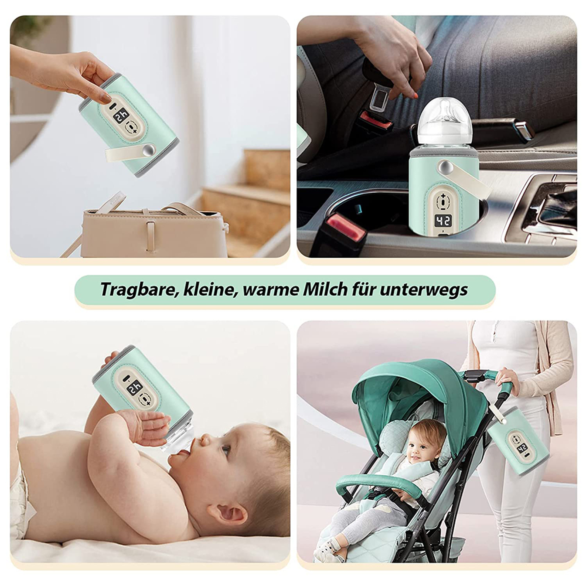 Tragbarer Flaschenwärmer in vier Szenarien: in einer Tasche, im Auto, für ein Baby, im Kinderwagen.