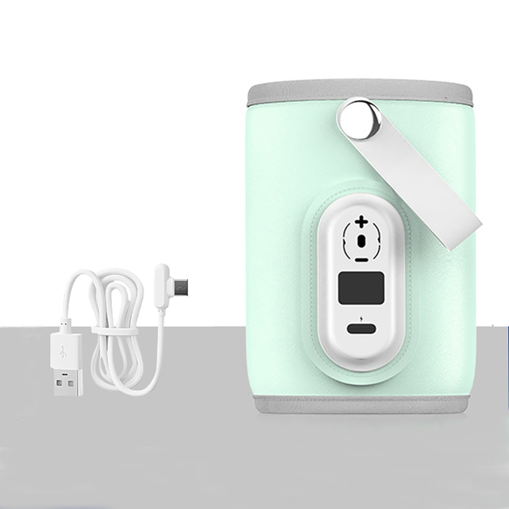 Ein mintgrünes Gerät mit weißem USB-Kabel und einer Bedieneinheit.