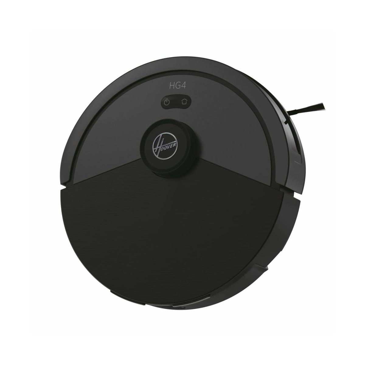 Een ronde zwarte robotstofzuiger met het Hoover-logo en de aanduiding HG4.