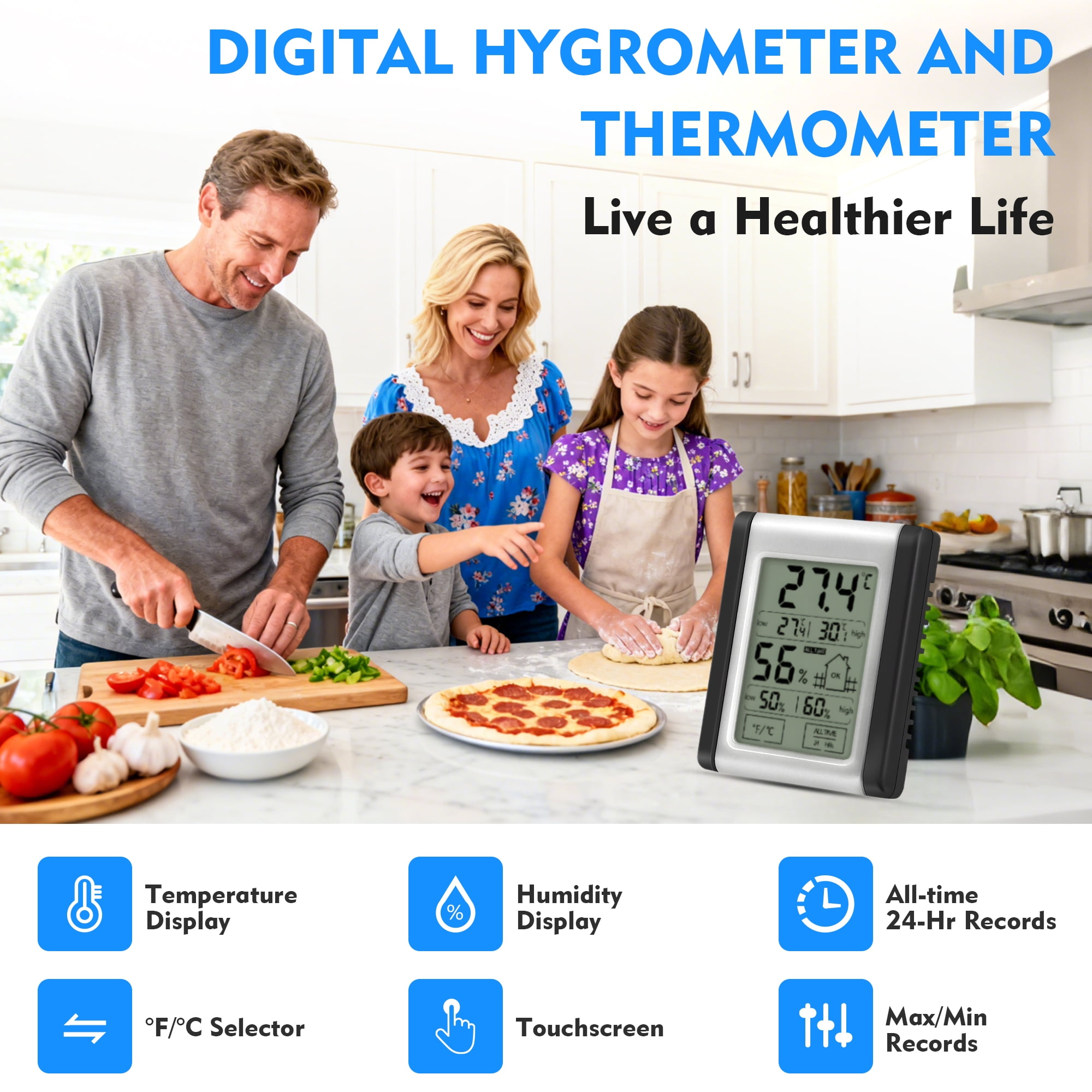 Familie bereitet Essen in der Küche zu. Digitales Thermometer zeigt Temp & Feuchtigkeit.