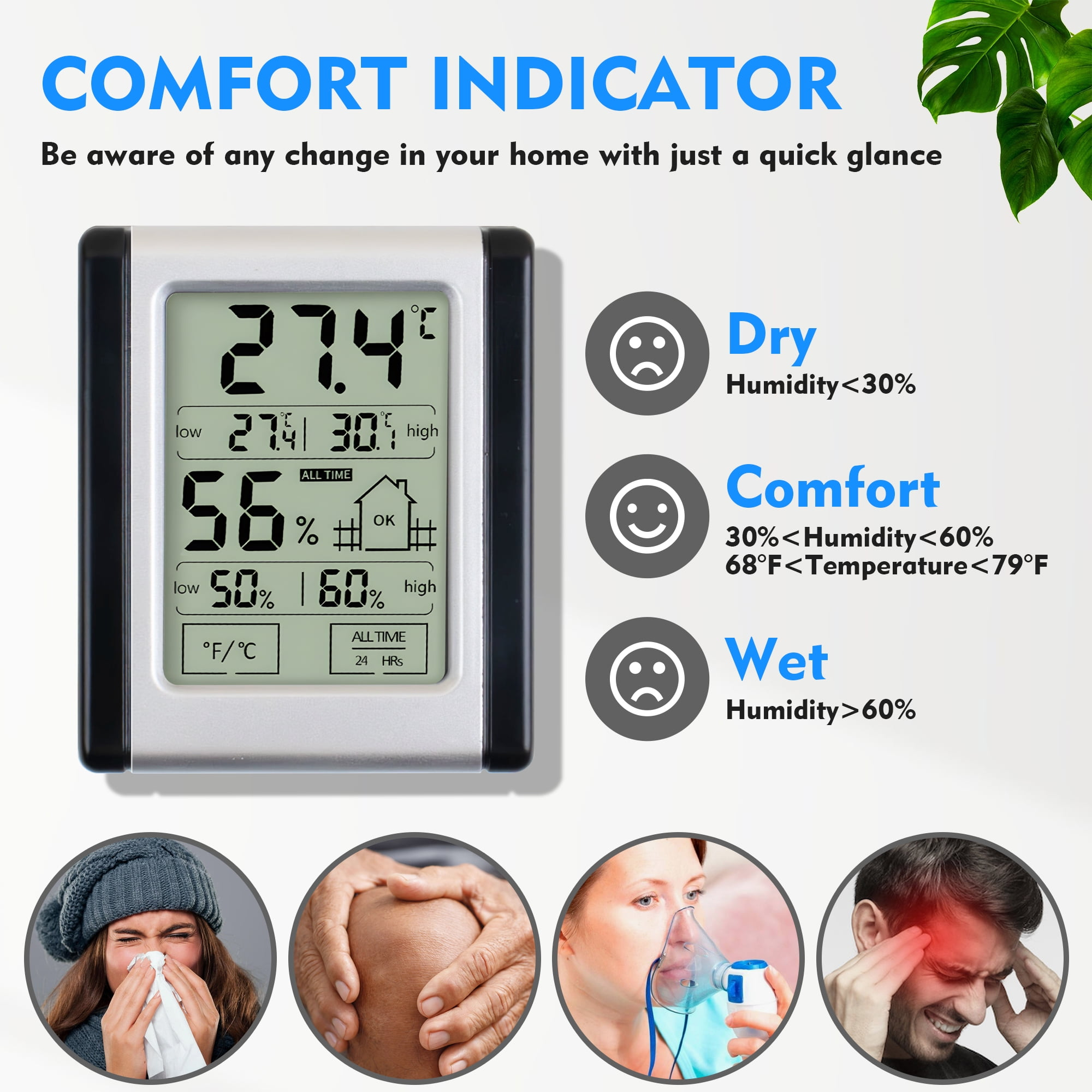 Ein digitales Thermometer/Hygrometer zeigt 27,4 Grad, 56% Luftfeuchtigkeit, 50% und 60%.