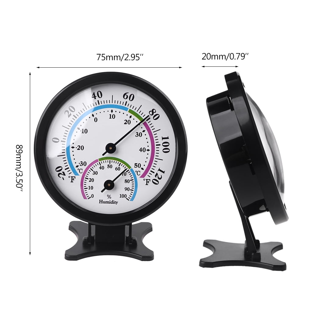 Ein schwarzer Thermometer-Hygrometer mit zwei Zifferblättern auf einem Ständer.