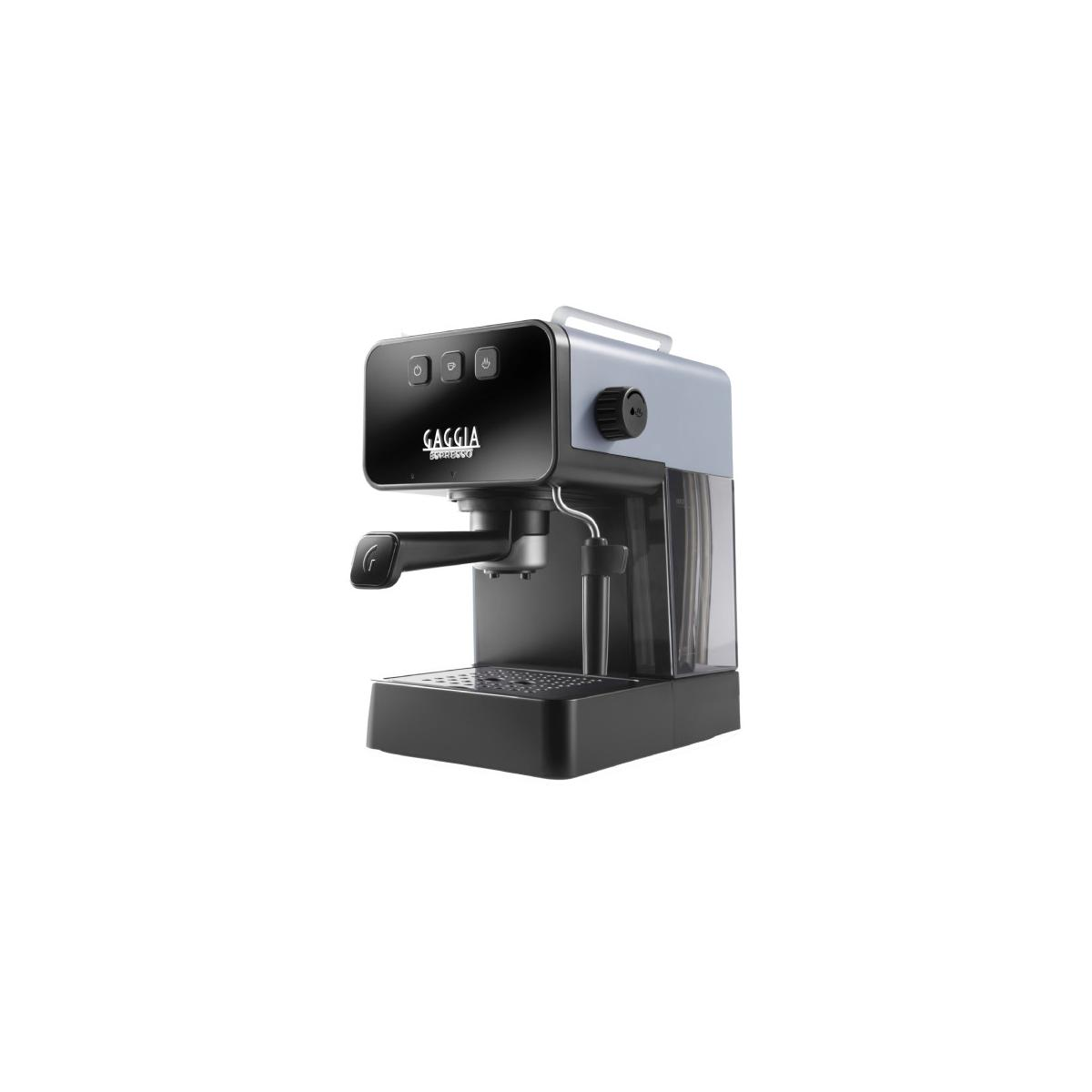 Una máquina de espresso Gaggia gris azulada con frontal y botones negros.