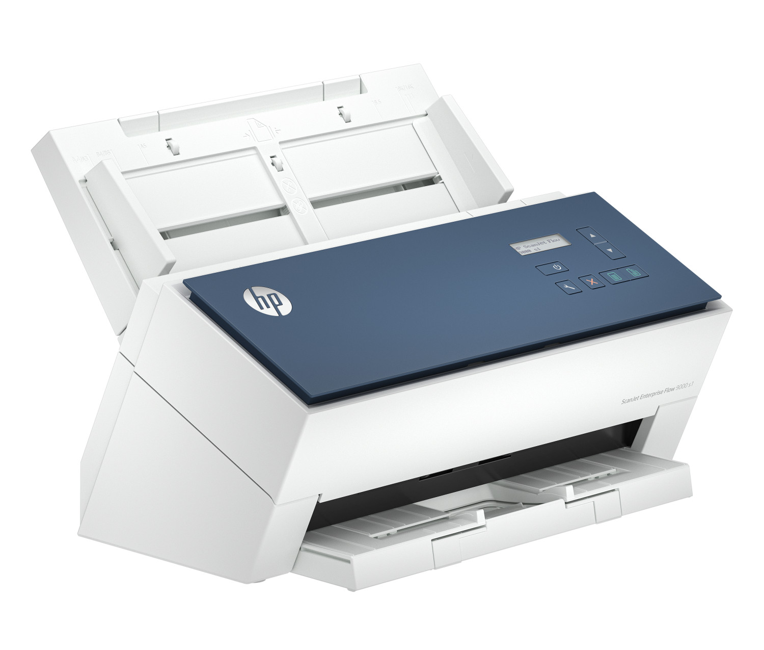 Ein weißer HP Scanner mit blauer Oberseite und Bedientasten. Im Hintergrund ist ein weißer Tisch.