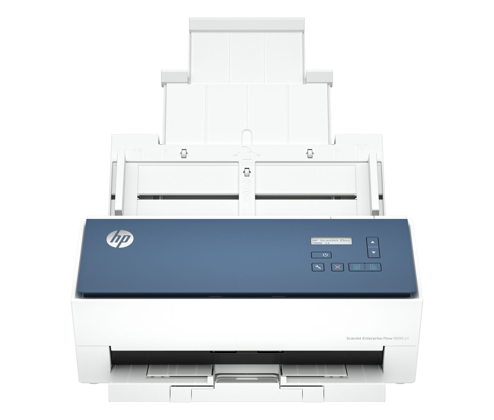 Ein weißer HP ScanJet Flou 9000 s1 Scanner mit einem Bedienfeld und einem Einzugsfach.