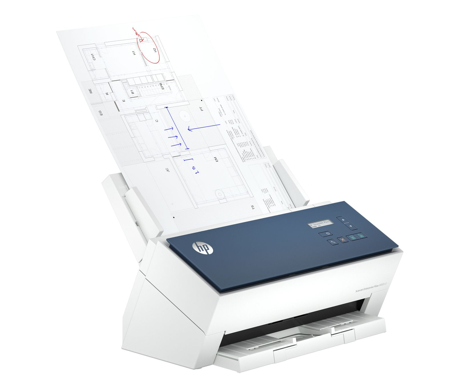 Ein HP ScanJet Enterprise Flow Scanner mit geladenen Bauplänen.