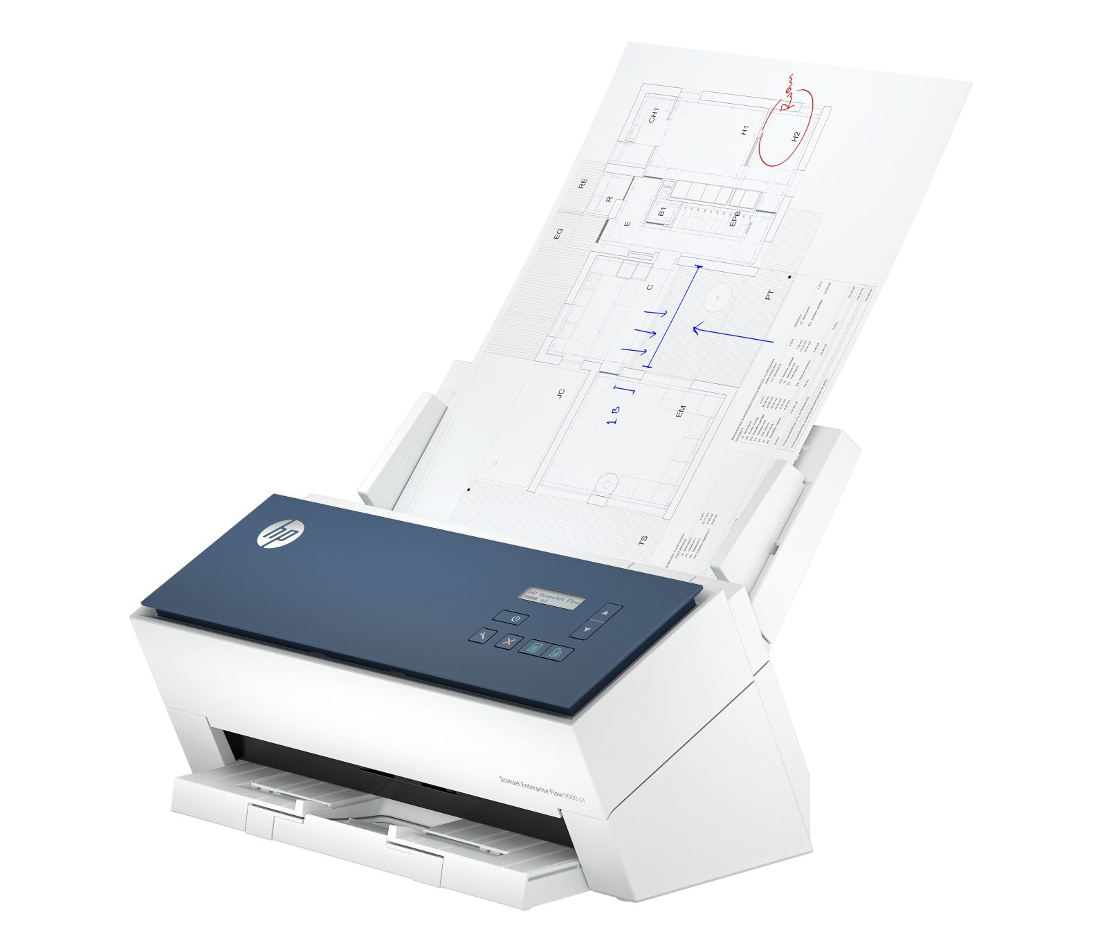 Ein blauer HP Scanner mit einem Dokument, das einen Grundriss zeigt.