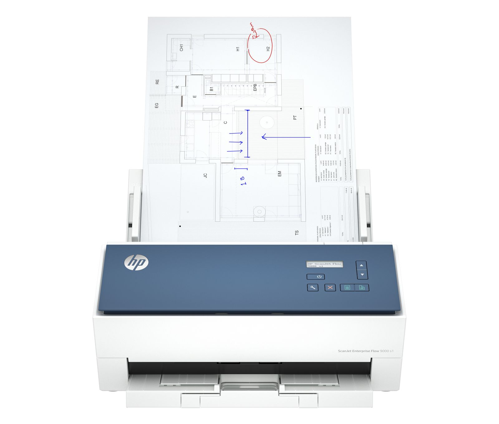 Ein HP Scanner mit einem Bauplan, der eingelegt ist. Der Scanner hat ein blaues Bedienfeld.