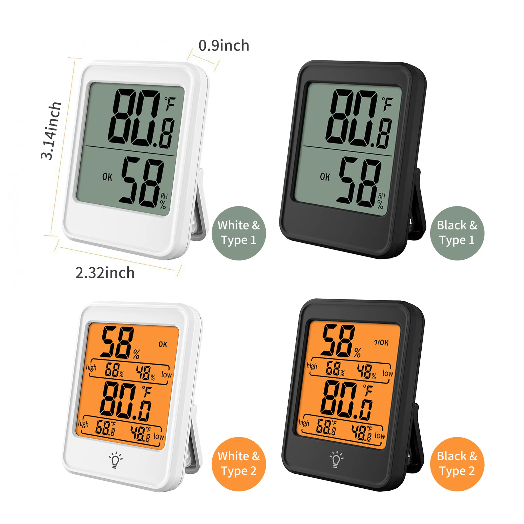 Vier digitale Thermometer/Hygrometer, zwei weiße und zwei schwarze Modelle.