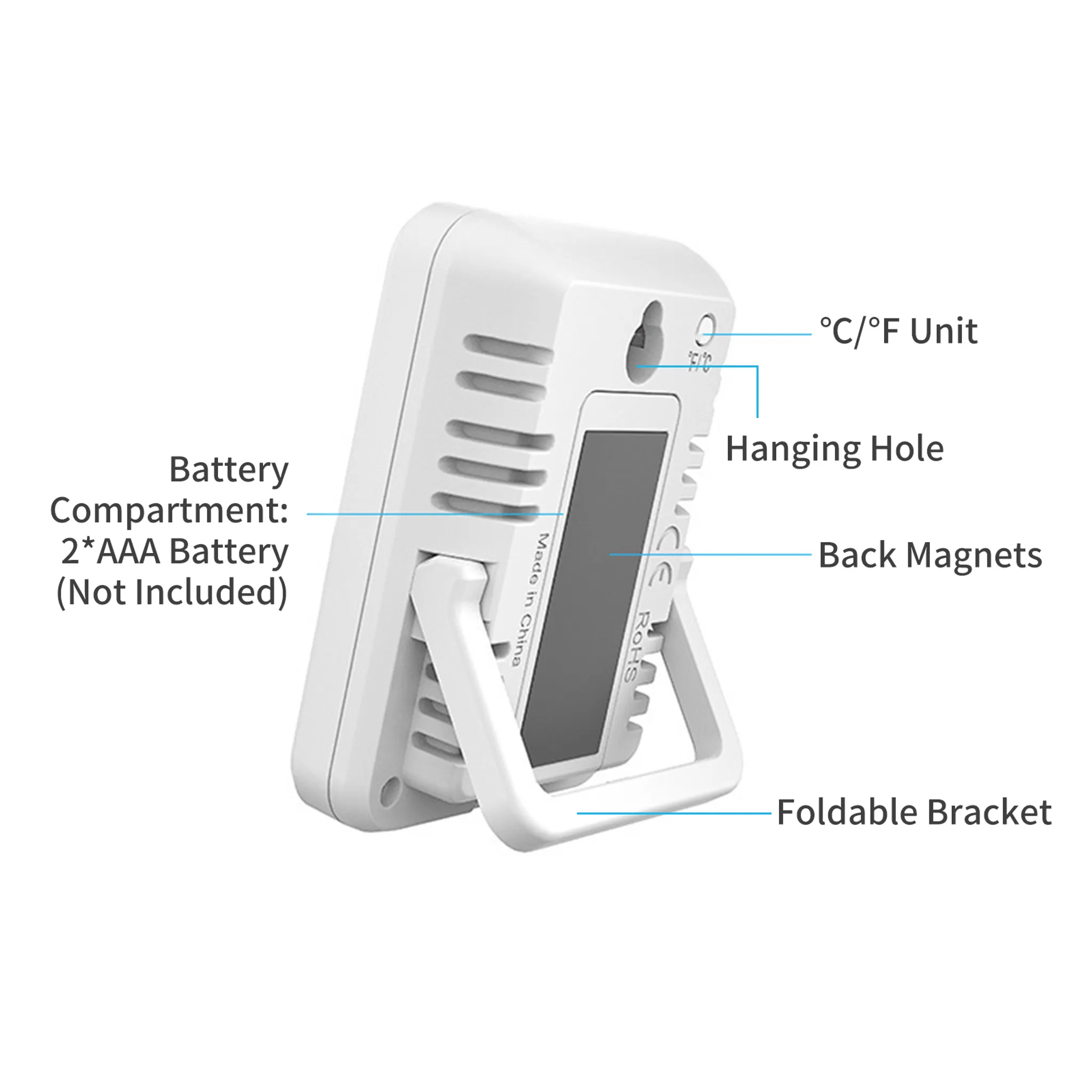 Weies Gerät mit beschrifteten Rückseitenmerkmalen wie Batteriebehälter, Aufhängeloch.