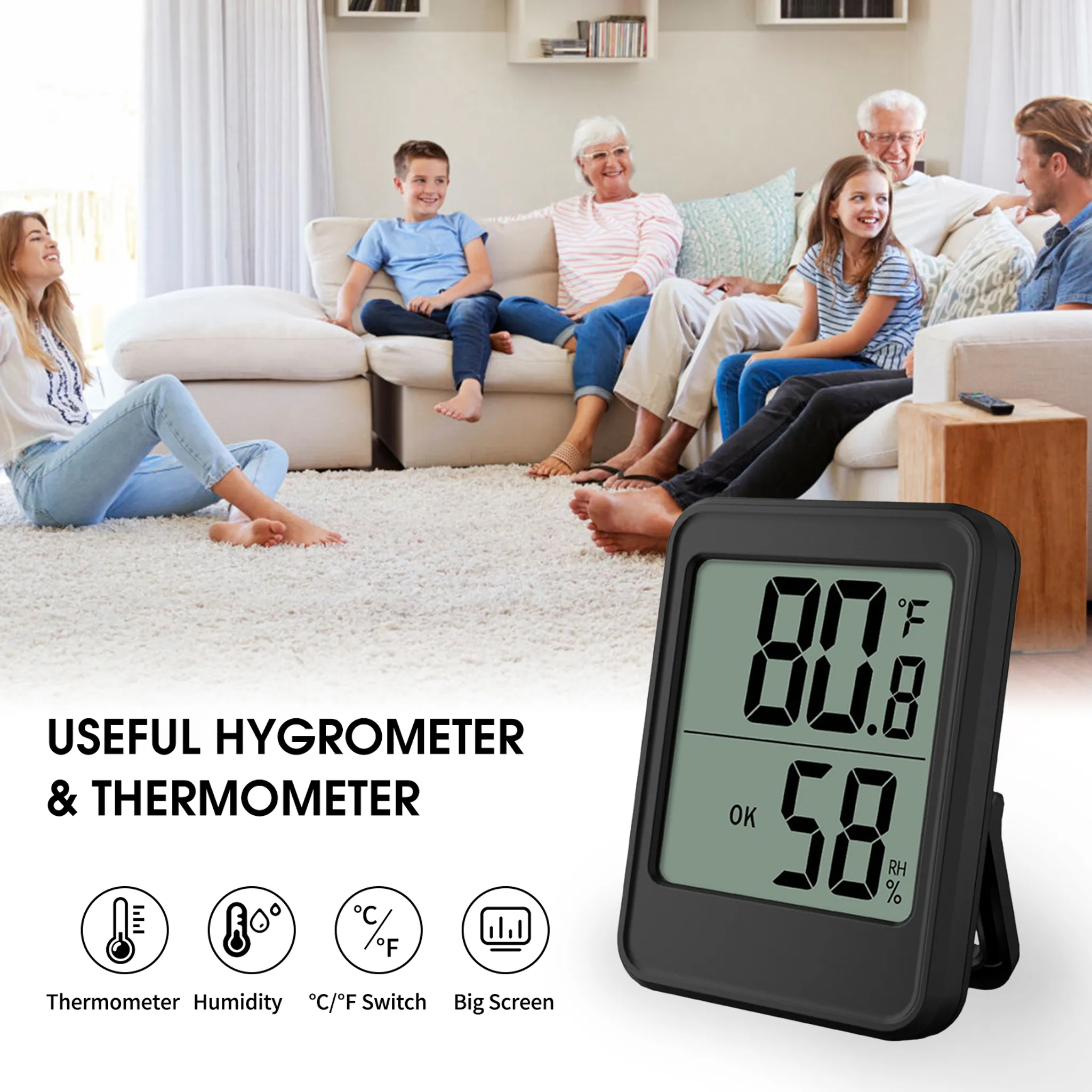 Ein Hygrometer und Thermometer zeigt 80,8°F und 58% Luftfeuchtigkeit an.
