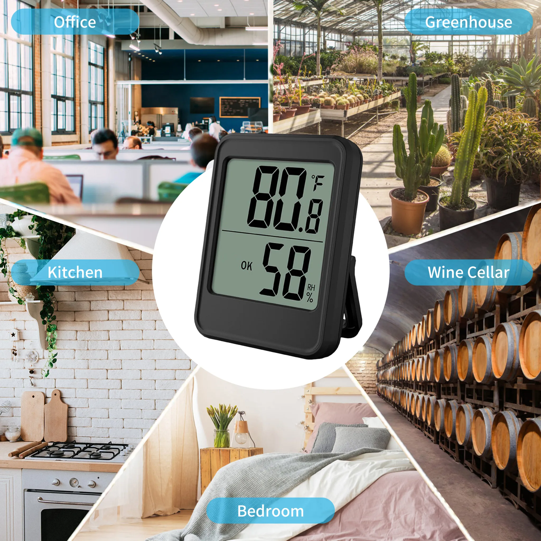 Ein digitales Thermometer zeigt 80,8°F und 58% RH an, umgeben von Bildern von Büro, Gewächshaus, Küche, Schlafzimmer und Weinkeller.