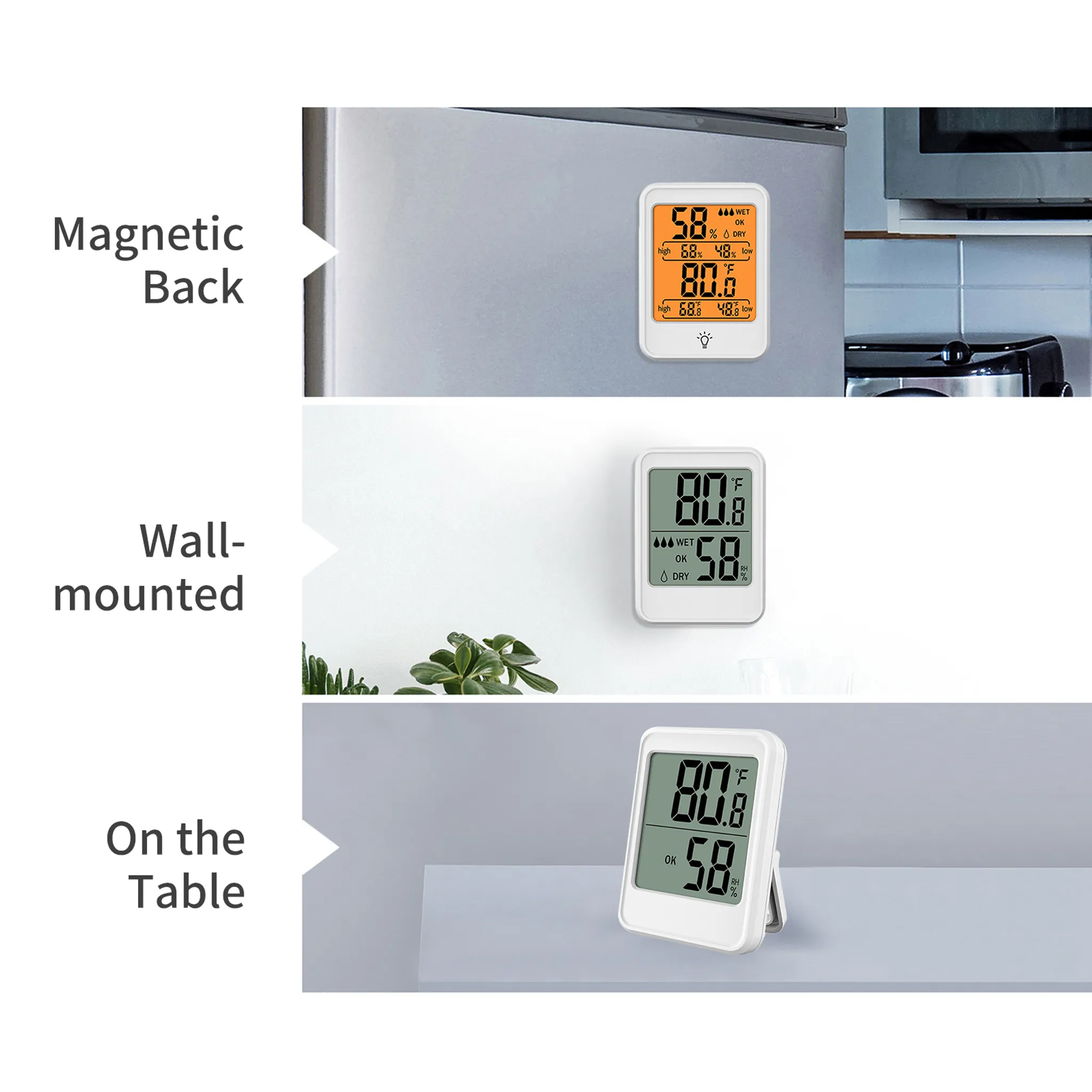 Ein digitales Thermometer/Hygrometer zeigt 80.6°F und 58% RH an.