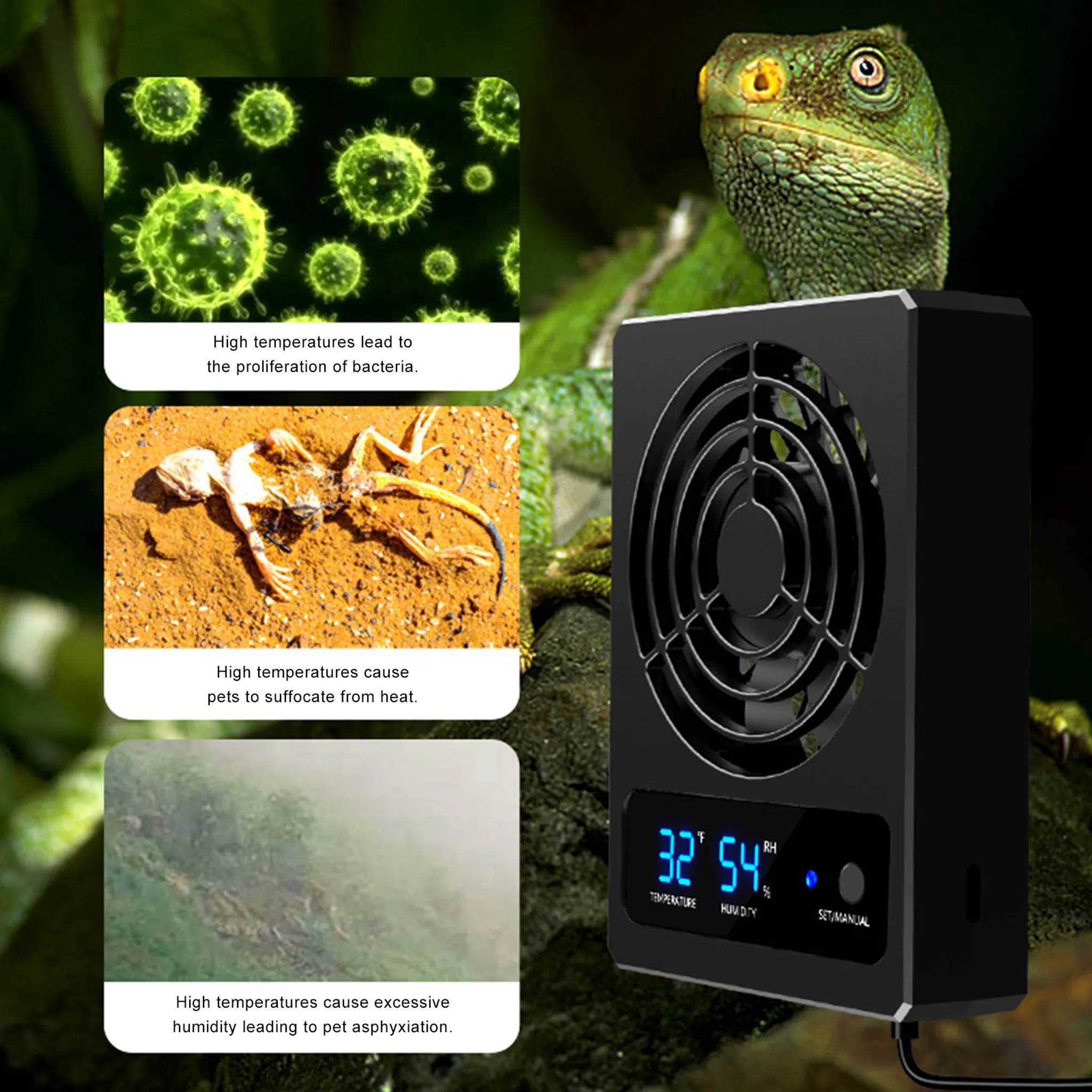 Ein grüner Leguan blickt auf einen schwarzen Lüfter mit digitaler Anzeige.
