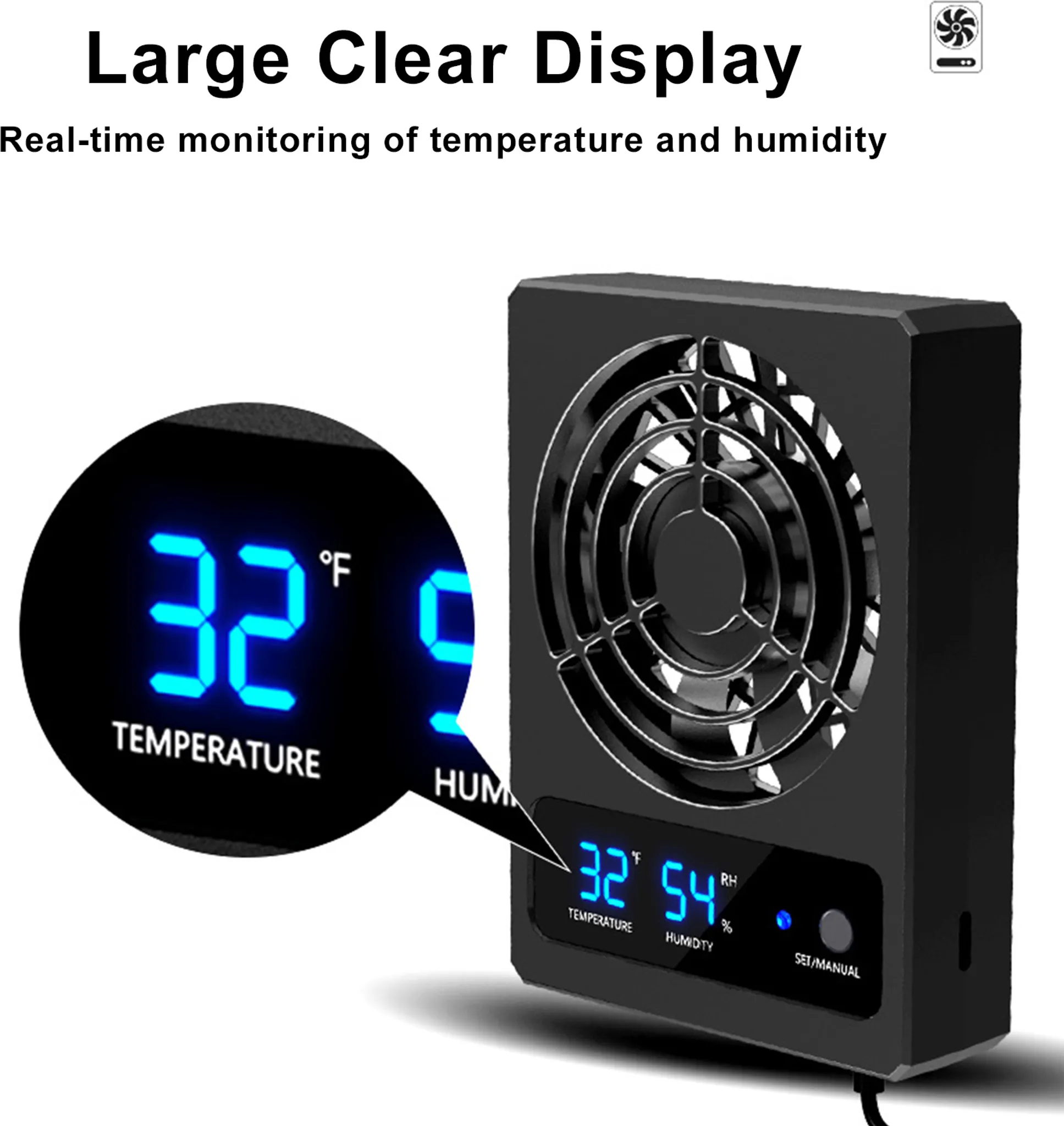 Ein schwarzes Gerät mit Lüfter und blauem Display zeigt 32°C und 54% Luftfeuchtigkeit.