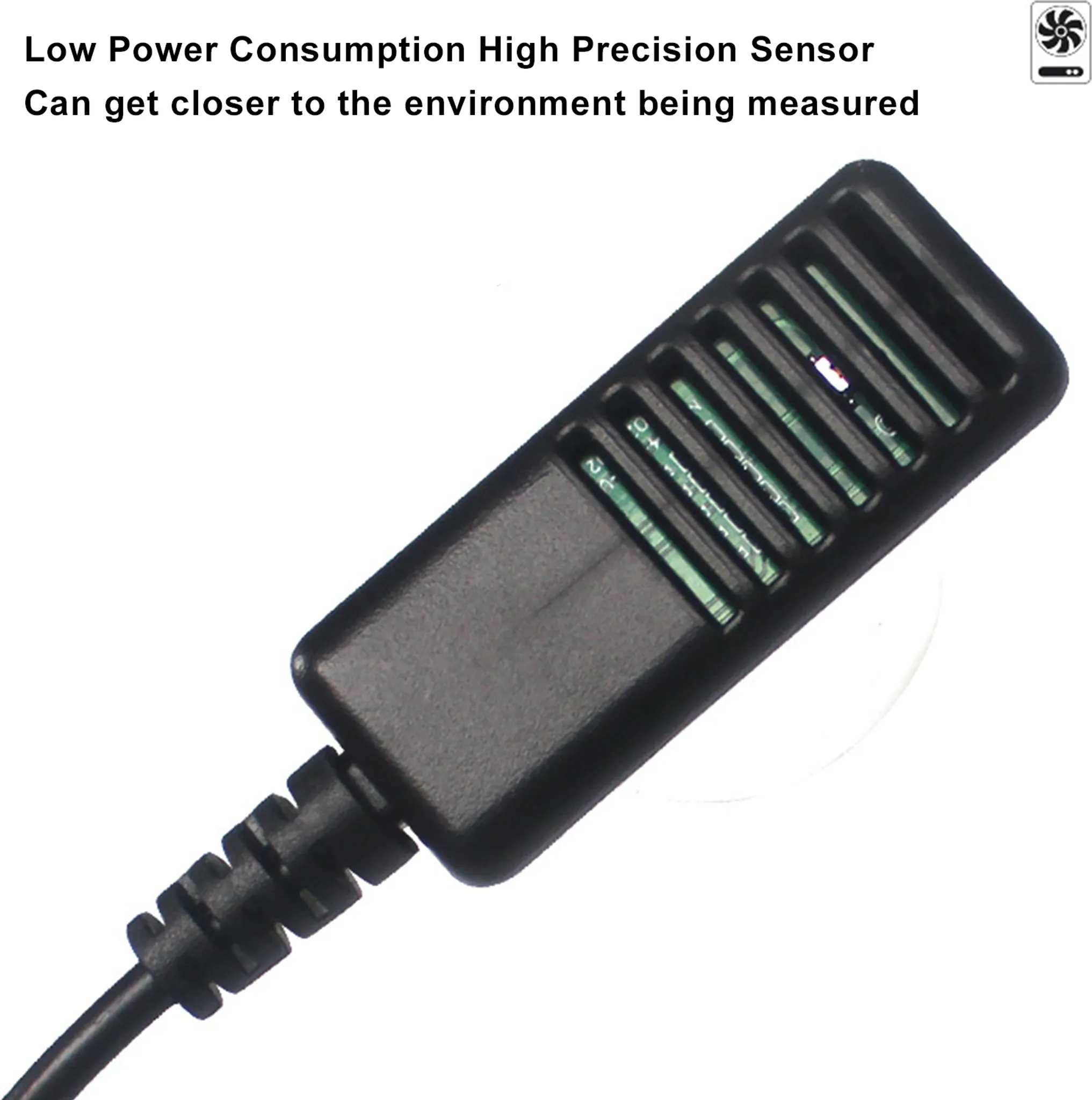 Schwarzer Sensor mit Kabel und Lüftersymbol.