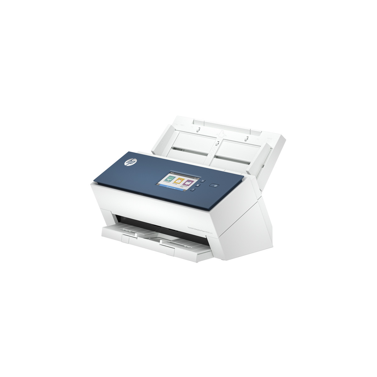 Ein weißer und blauer HP Scanner mit Touchscreen und geöffnetem Einzug.