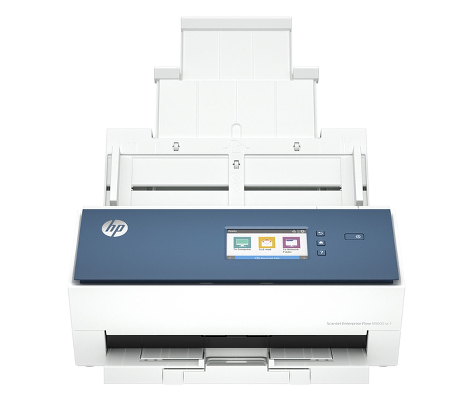 Weißer HP ScanJet Enterprise Flow N9000 s1 Scanner mit blauem Touchscreen und Dokumenteneinzug.