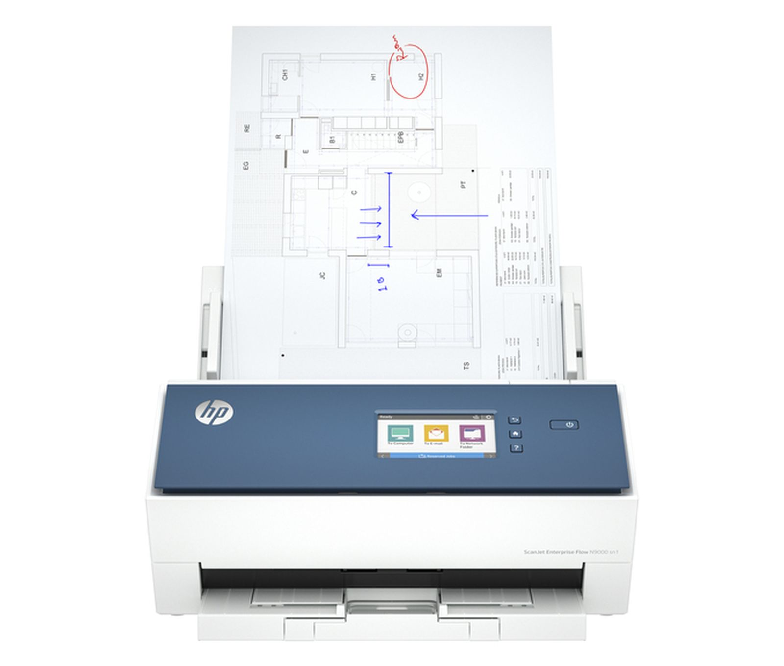 Ein HP Scanner mit einem Bauplan, der blaue Pfeile und rote Markierungen aufweist.