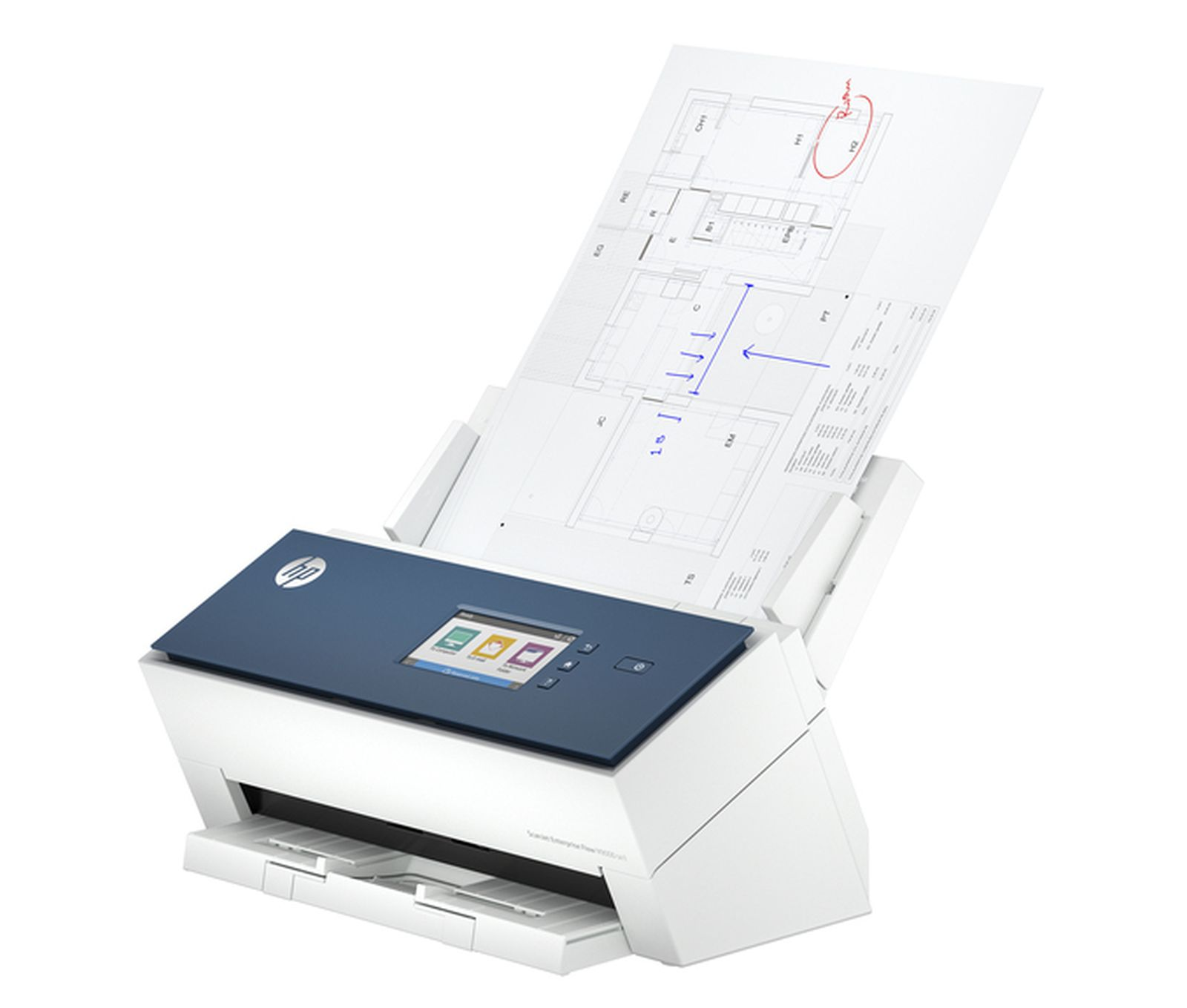Ein blauer und weißer Scanner mit einem Dokument, das mit Markierungen versehen ist.