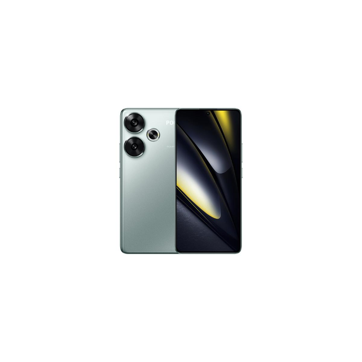 Un smartphone verde claro con tres cámaras traseras y una pantalla oscura.