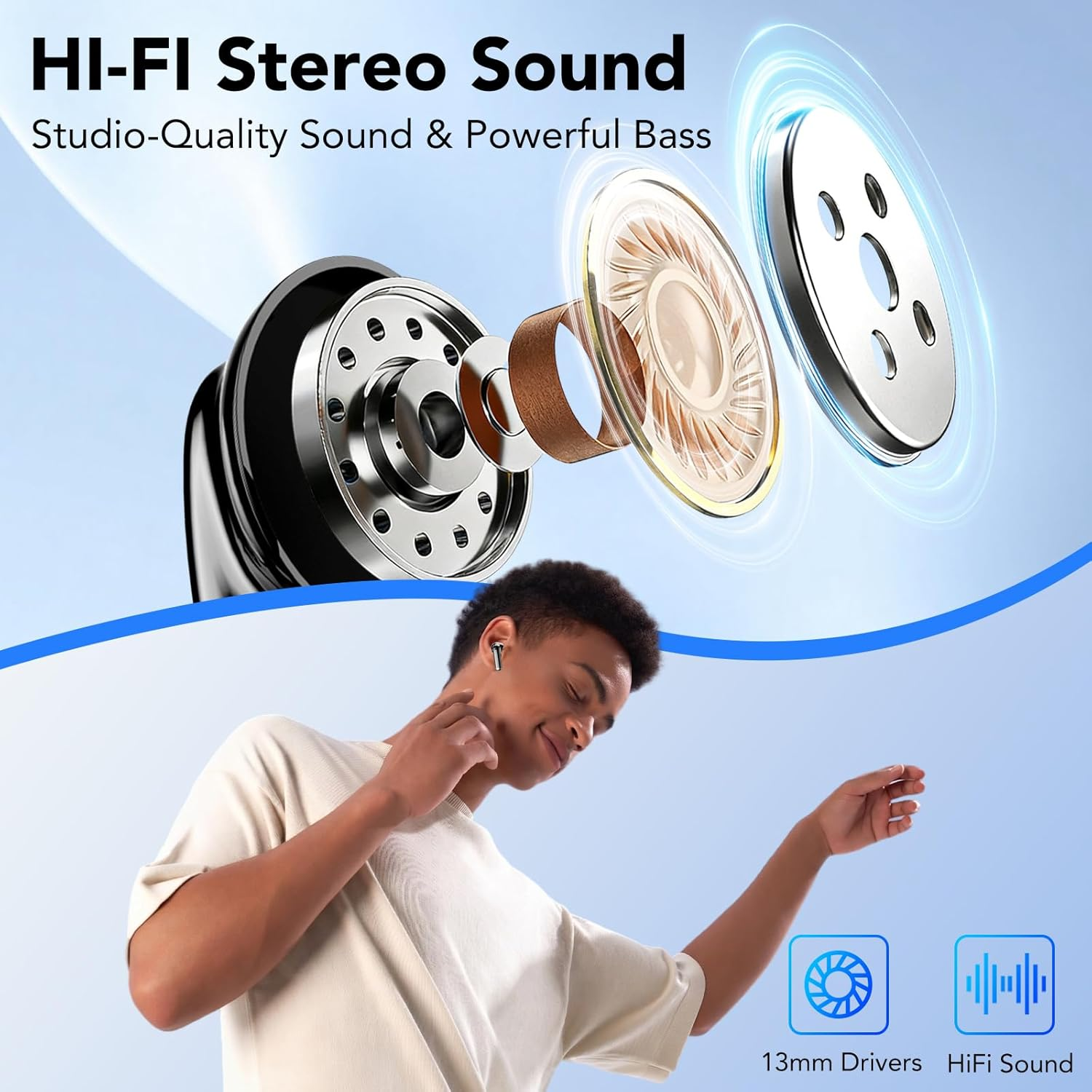 Mann mit Kopfhörern, Nahaufnahme von Treibern für Hi-Fi-Sound.